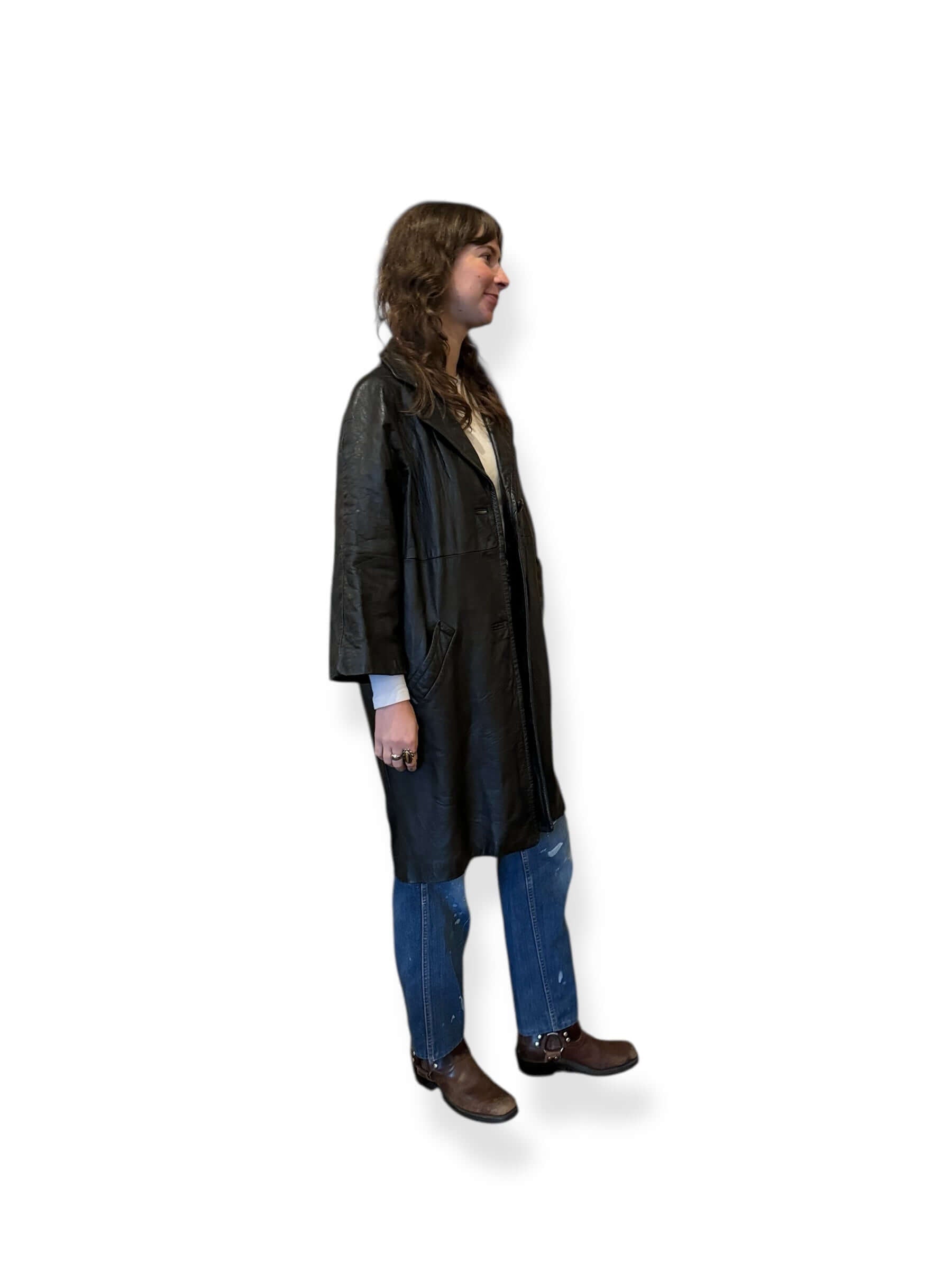 Side of Vintage 60s Black Leather Coat SZ M