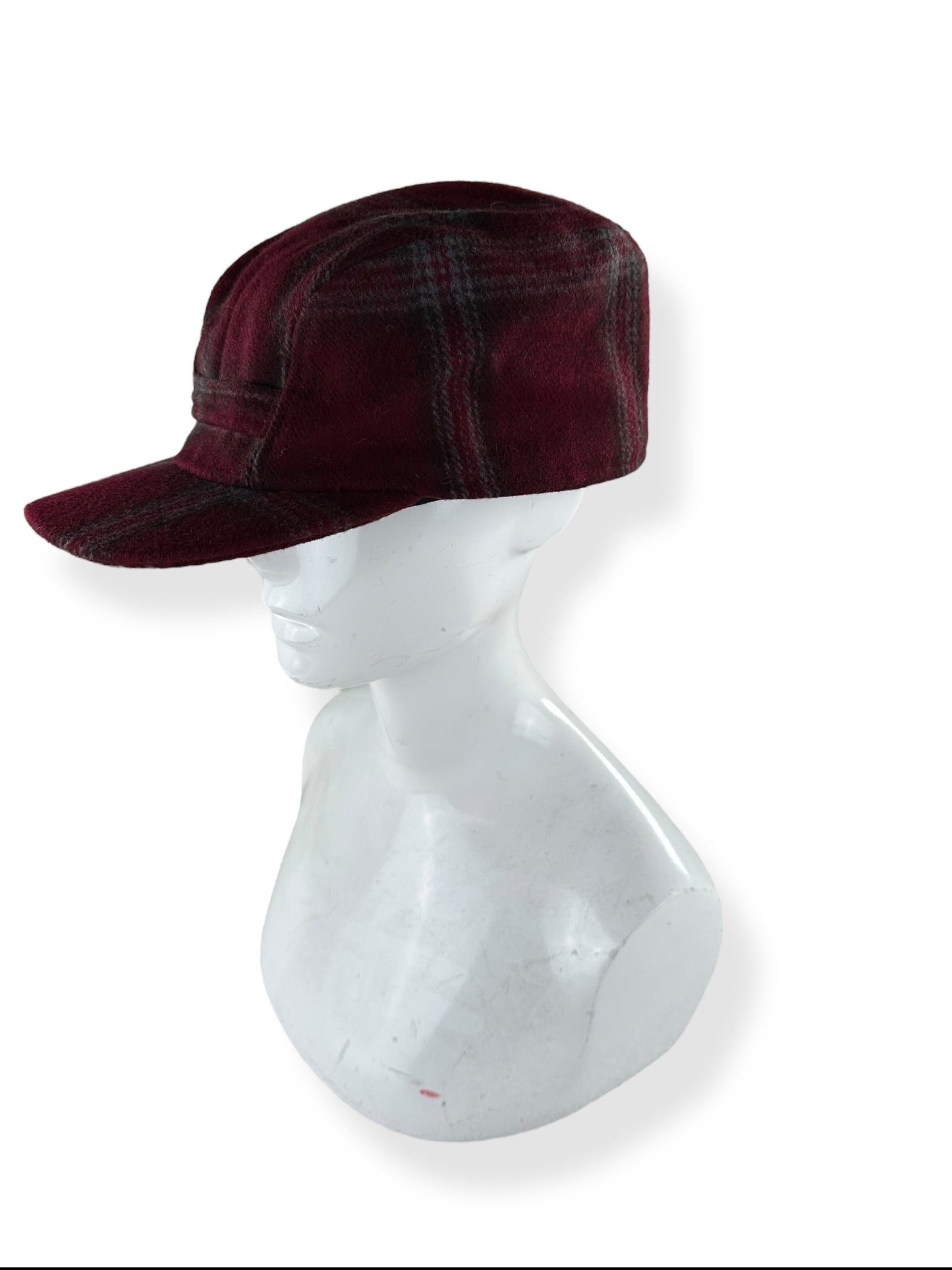 Left Side View of Filson Burgundy & Black Mackinaw Wool Hat SZ L