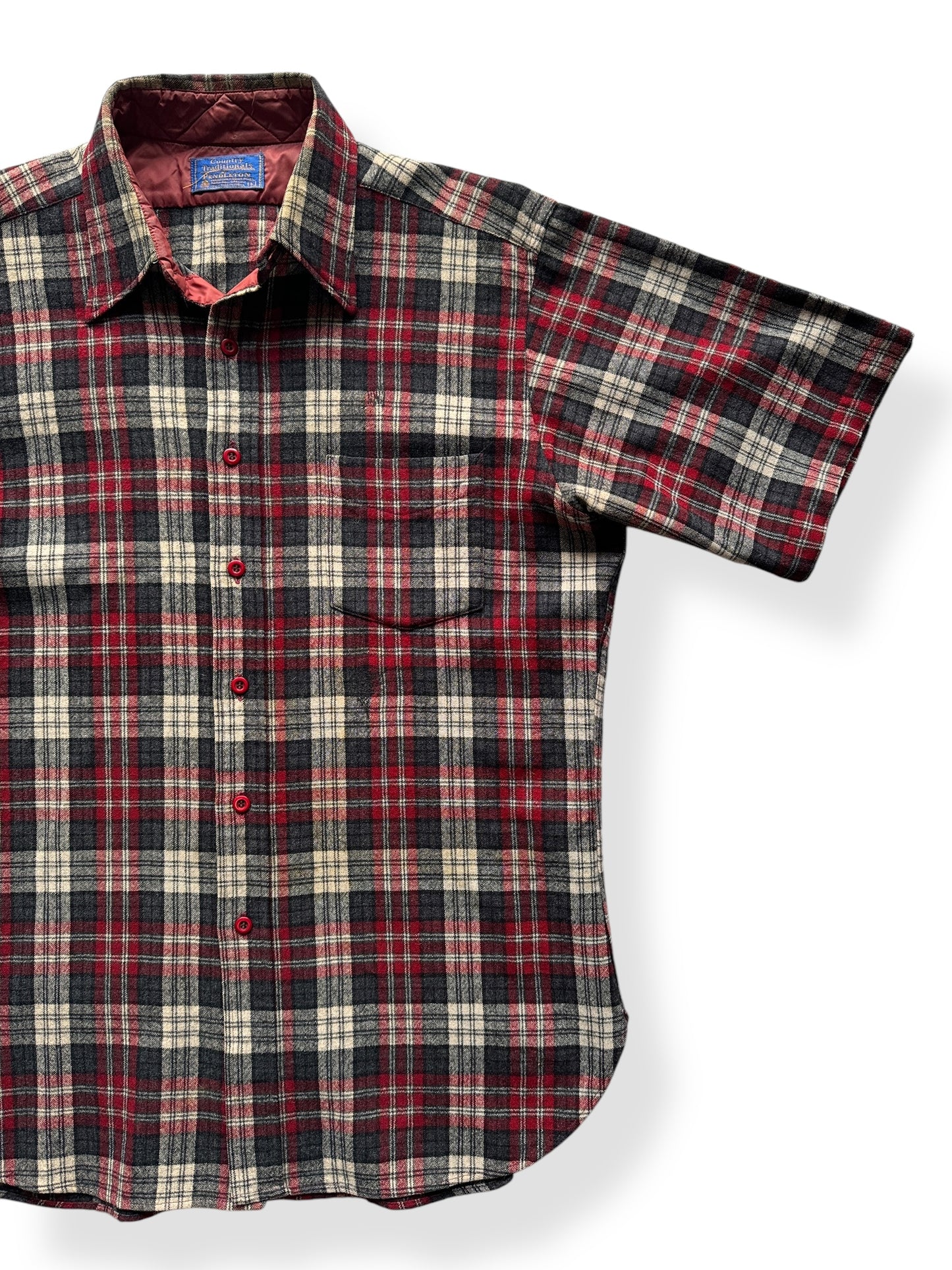 Front Left of Red and Grey Plaid Short Sleeve Pendleton SZ L