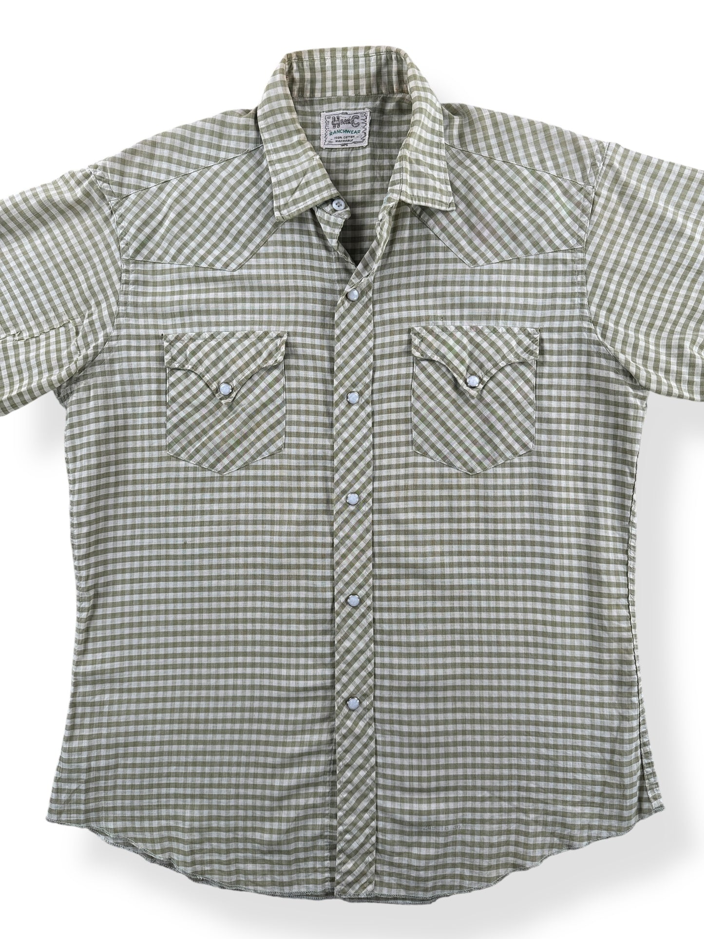 Front Close Up of Vintage H Bar C Green Gingham Short Sleeve Shirt SZ M