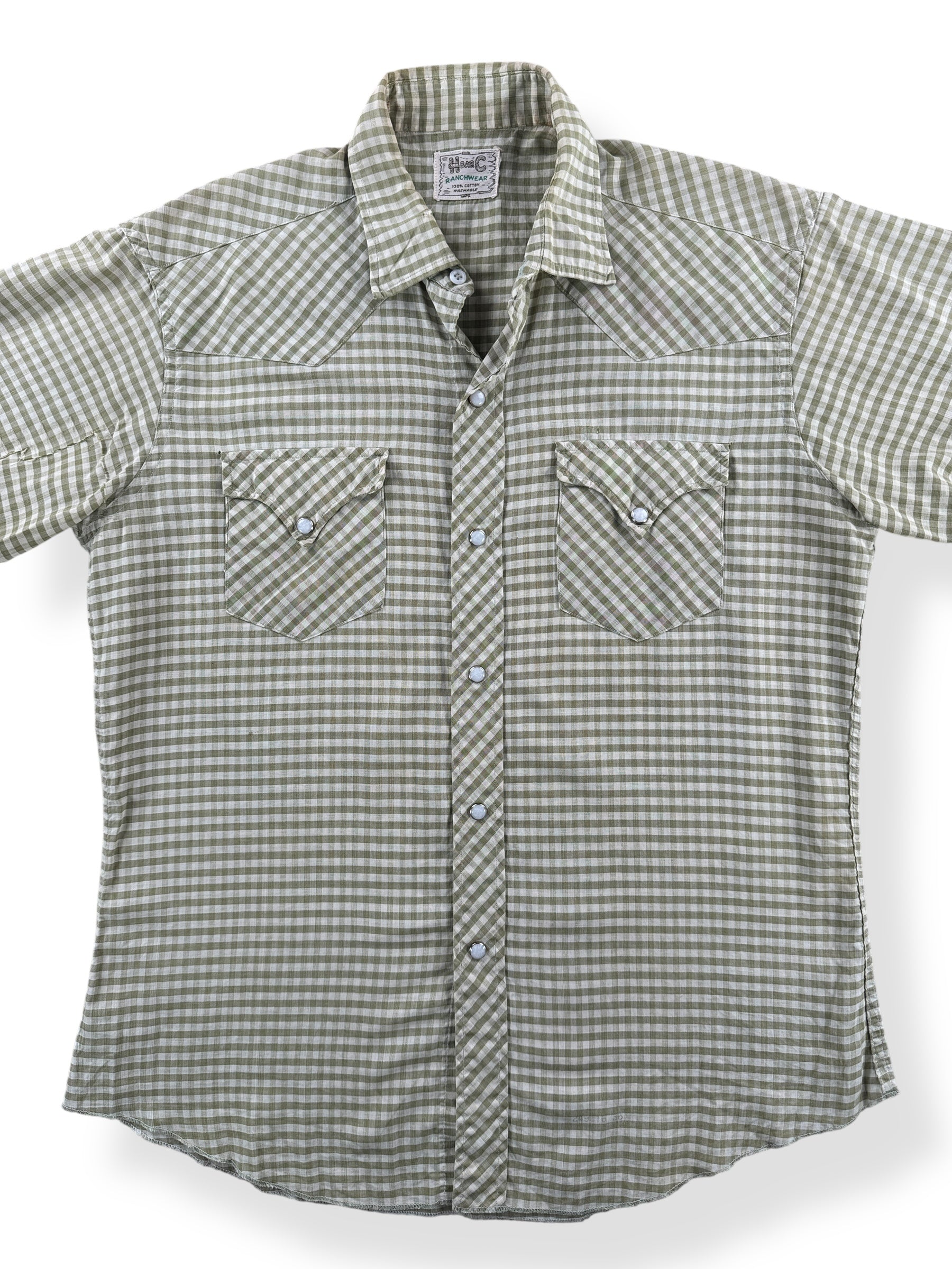 Front Close Up of Vintage H Bar C Green Gingham Short Sleeve Shirt SZ M