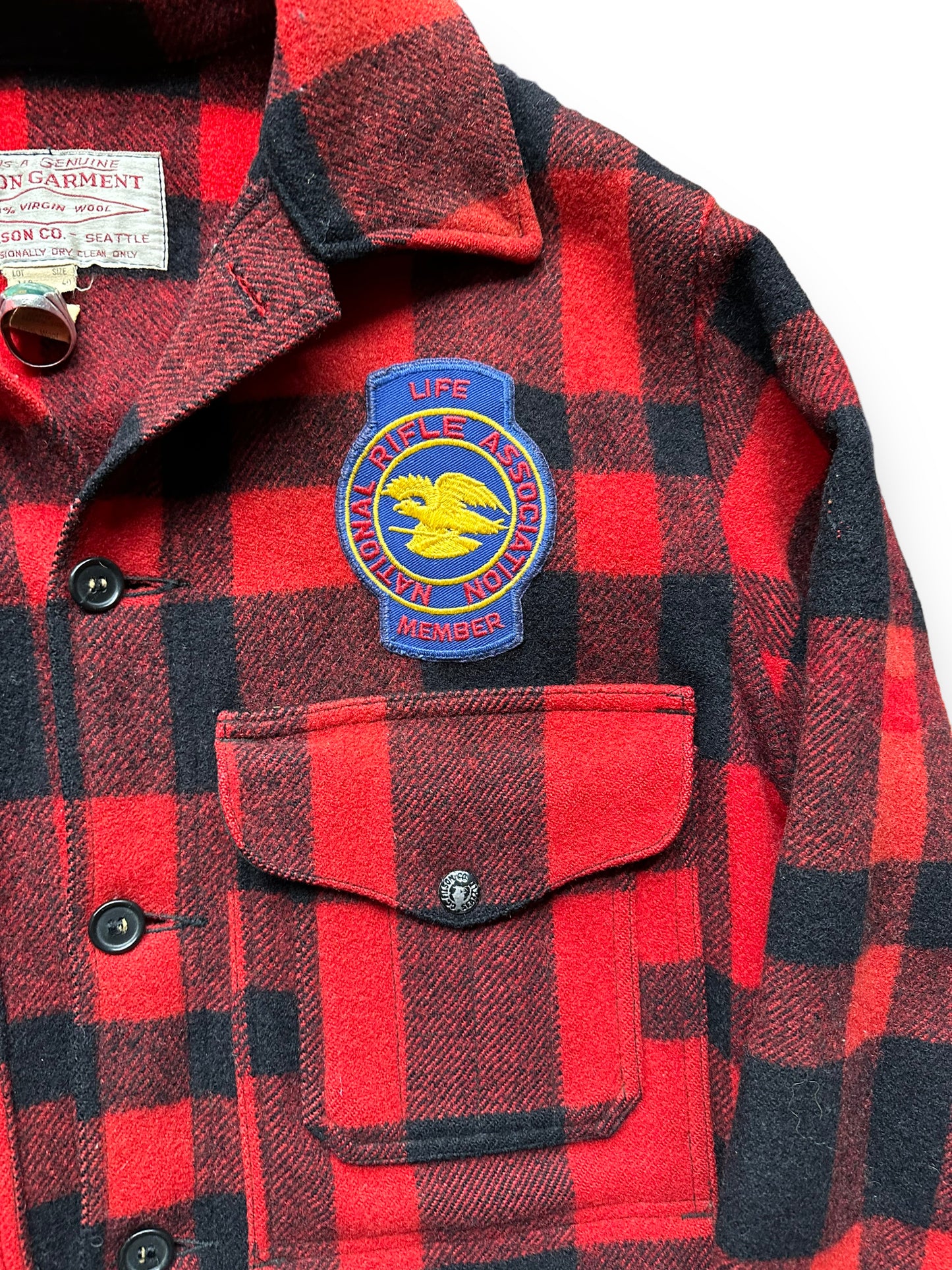 patch 1 on Vintage Filson Mackinaw Jacket with Patches SZ 40 |  Barn Owl Vintage Goods | Vintage Filson Workwear Seattle