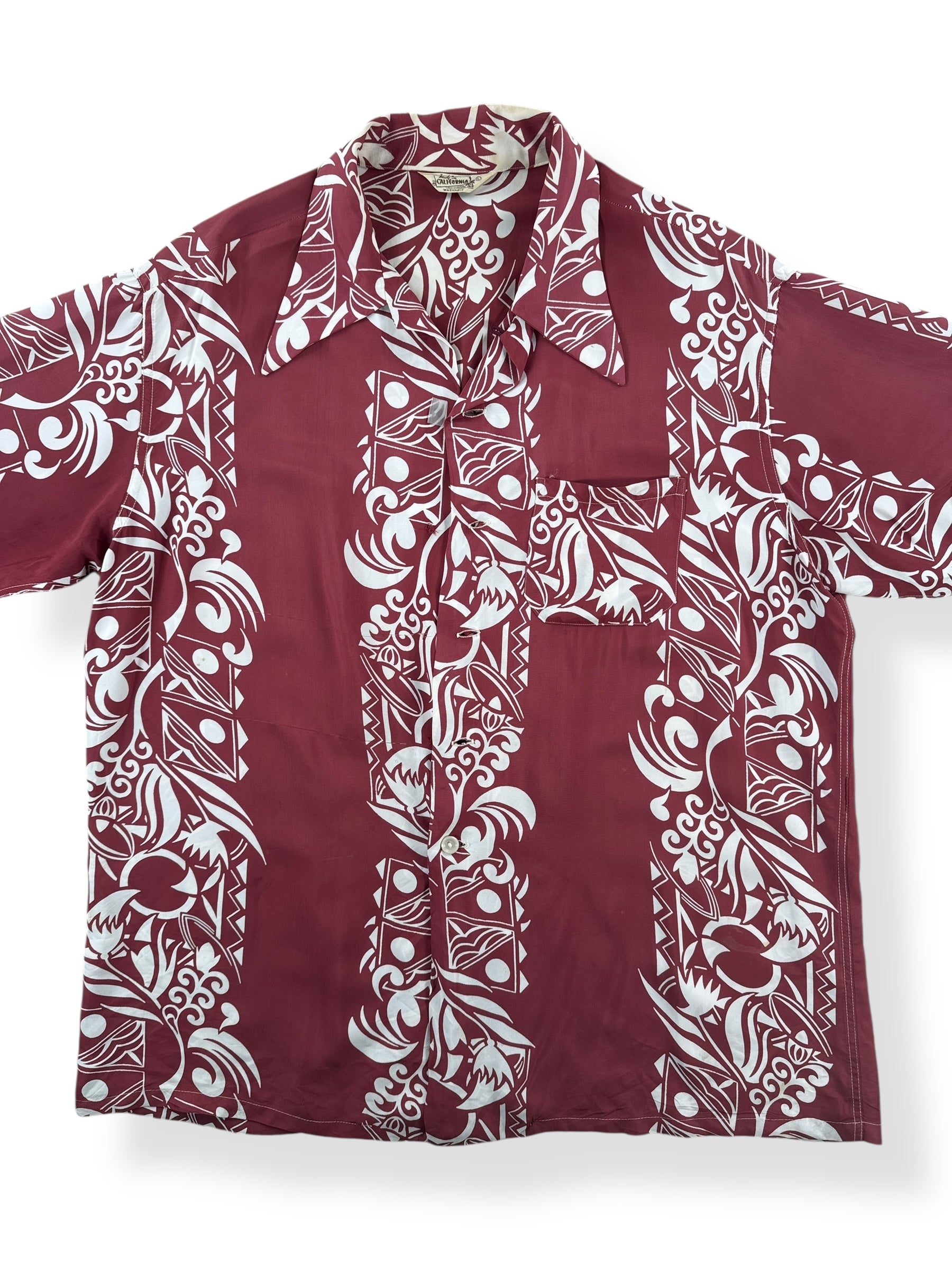 Front Close Up of Vintage Made in California Border Print Aloha Shirt SZ L AS IS
