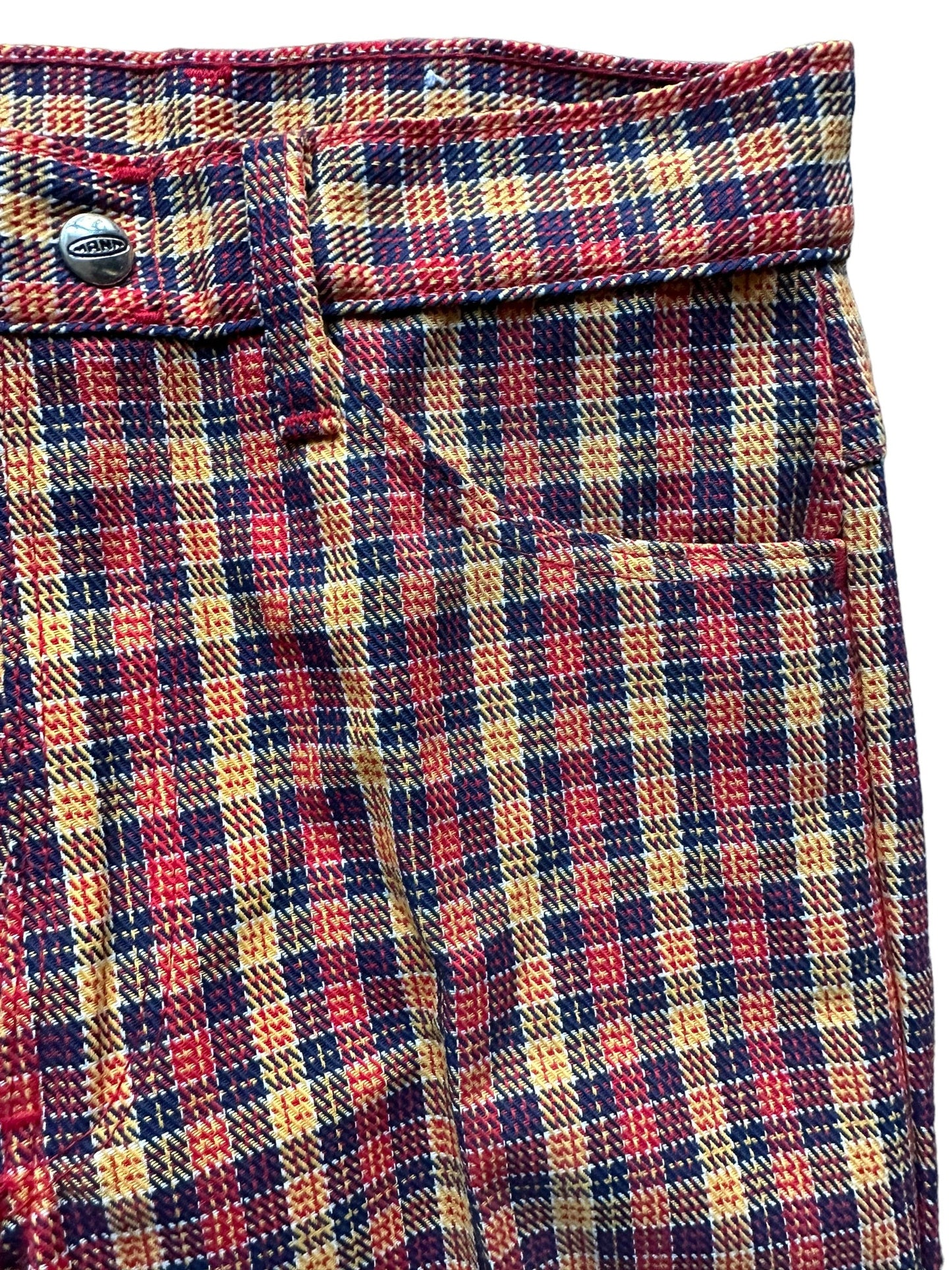 Front left side view of Vintage Deadstock Plaid Mann Pants 26x28 | Vintage Deadstock Trousers | Barn Owl Seattle Vintage