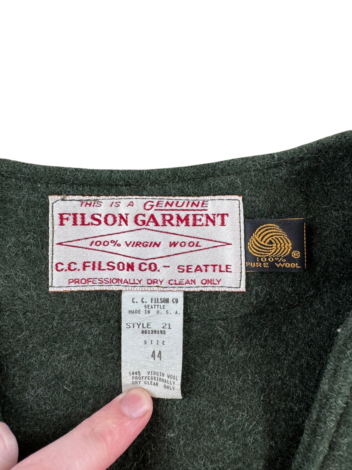 Label on Vintage Filson Wool Snap Liner SZ 44