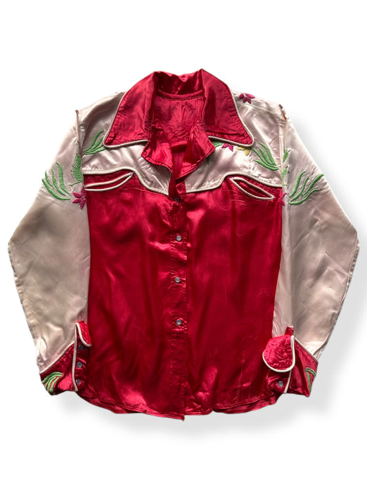 Front of Vintage Homemade Red Silk Souvenir Pearlsnap SZ M