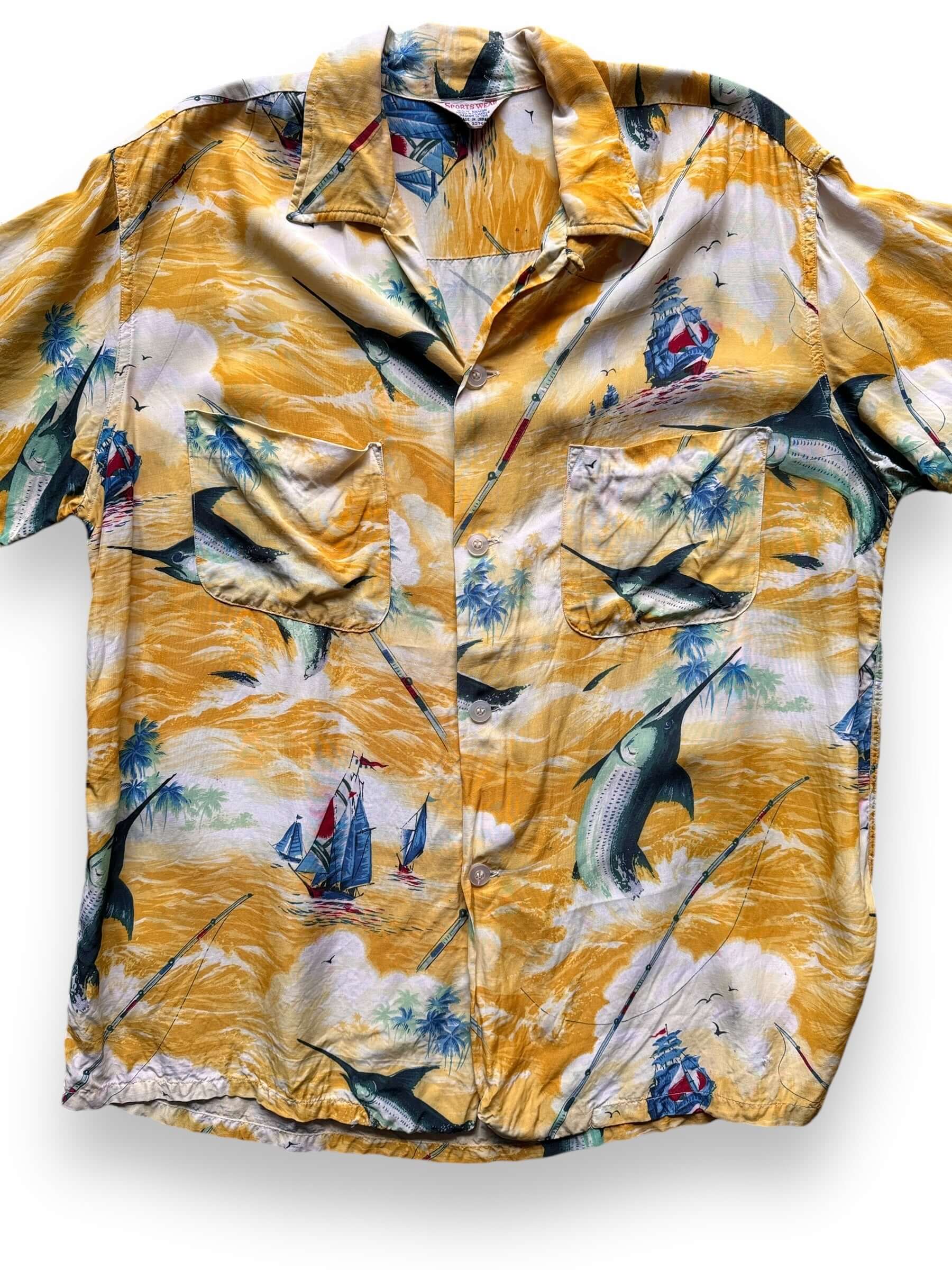 Front Detail on Vintage Sportswear Fishing Motif Aloha Shirt SZ M