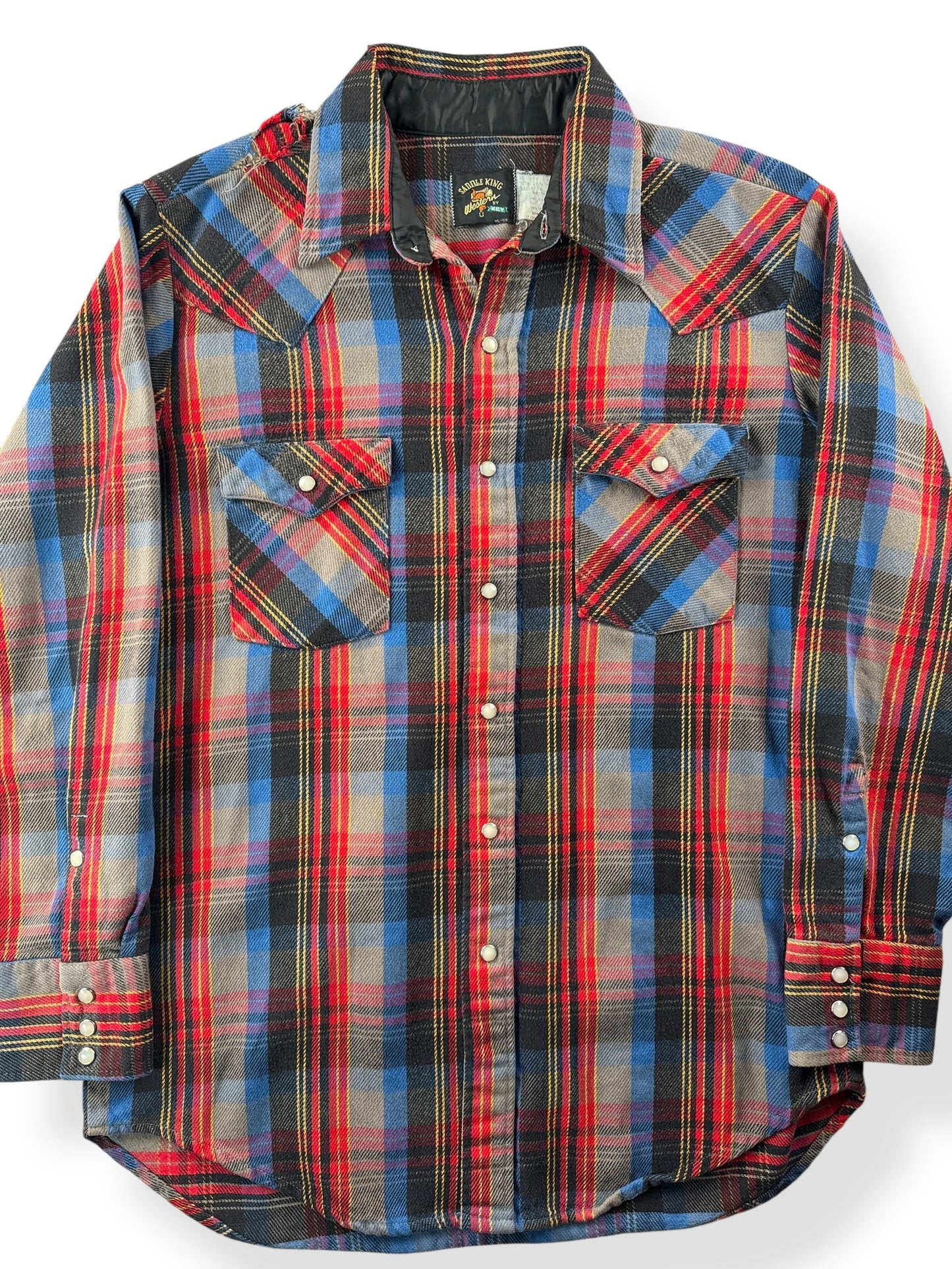 Front Close Up of Vintage Saddle King Cotton Flannel Pearlsnap SZ L