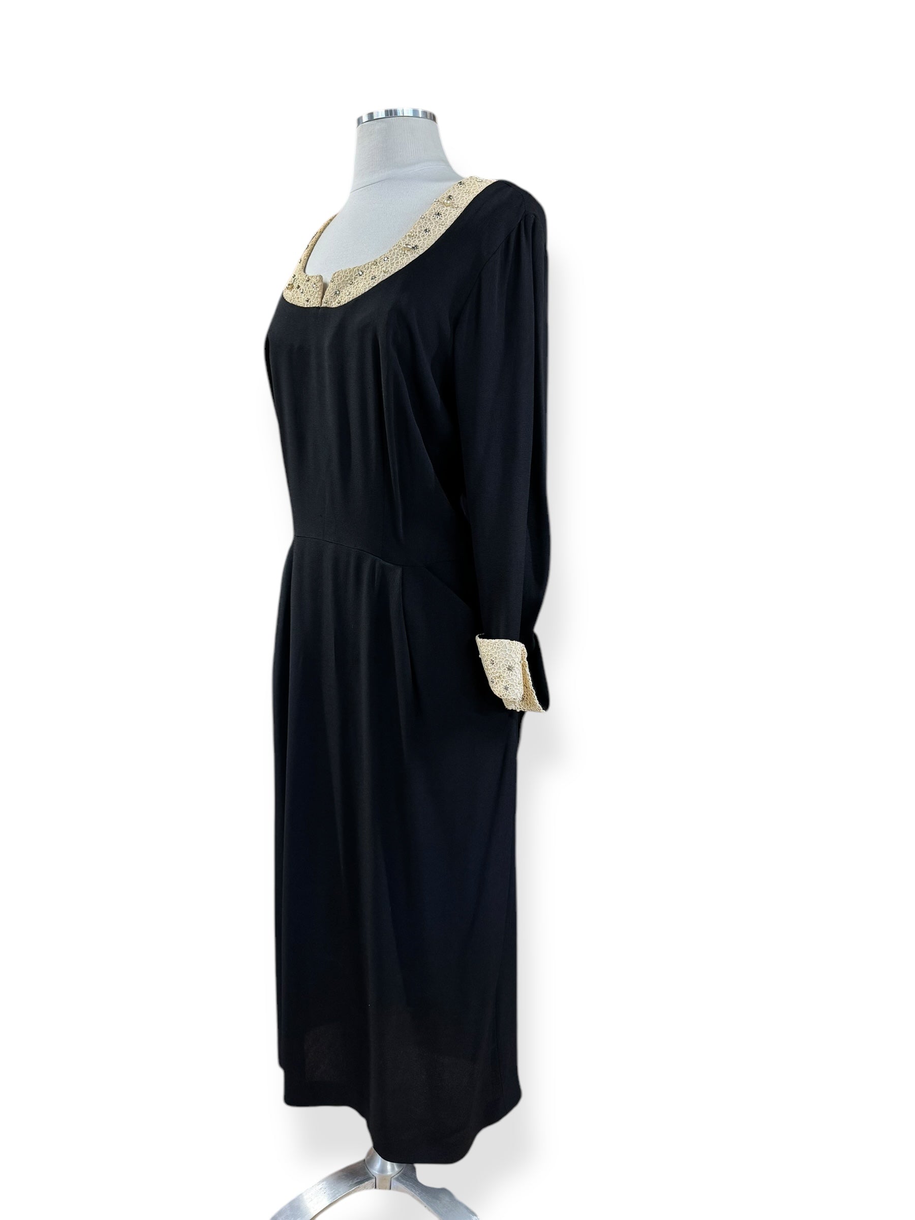 Side view of 1940s Black Rayon Dress with Lace Details L