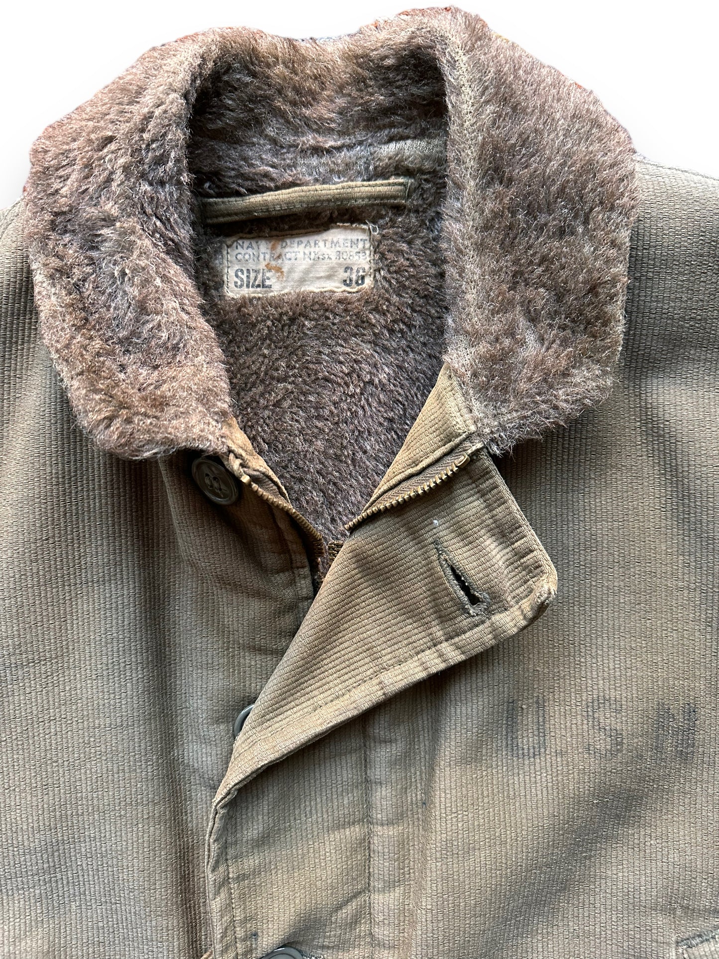 Tag View of Vintage Pique Cloth WWII N-1 Deck Jacket SZ 36 |  Vintage Military N1 Deck Jacket Seattle |  Barn Owl Vintage Seattle