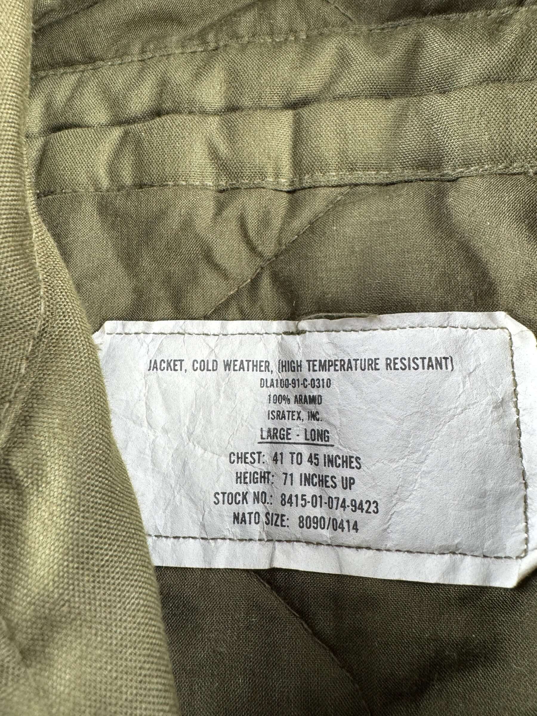 Tag on Vintage 90s Era 2nd Infantry Cold Weather Flyers Jacket SZ L Long