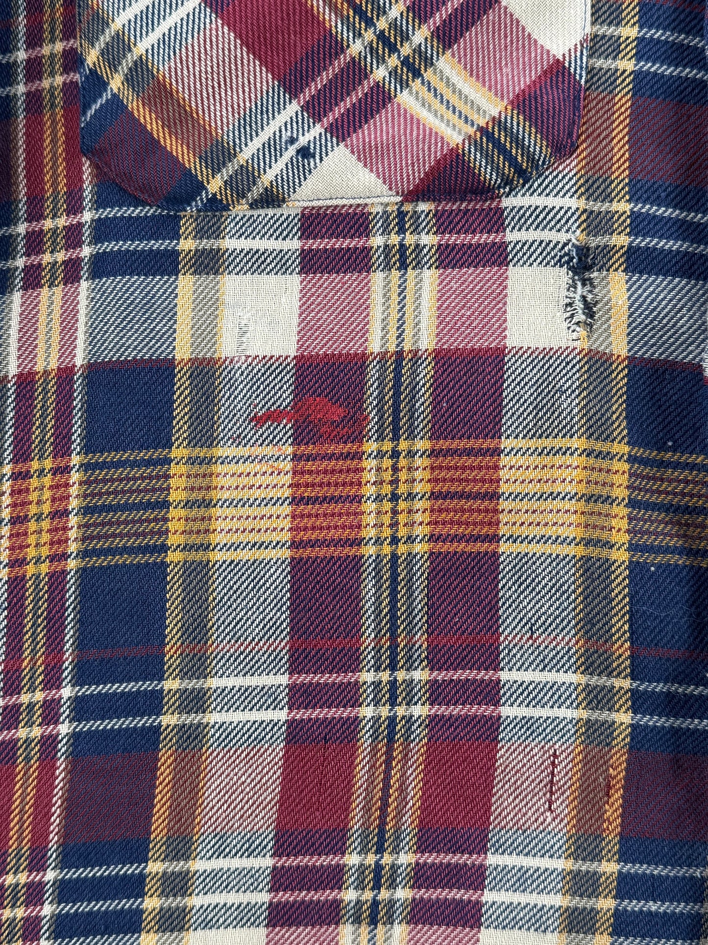 Red paint under pocket on front of Vintage Thrashed 80's JC Penney Flannel SZ M
