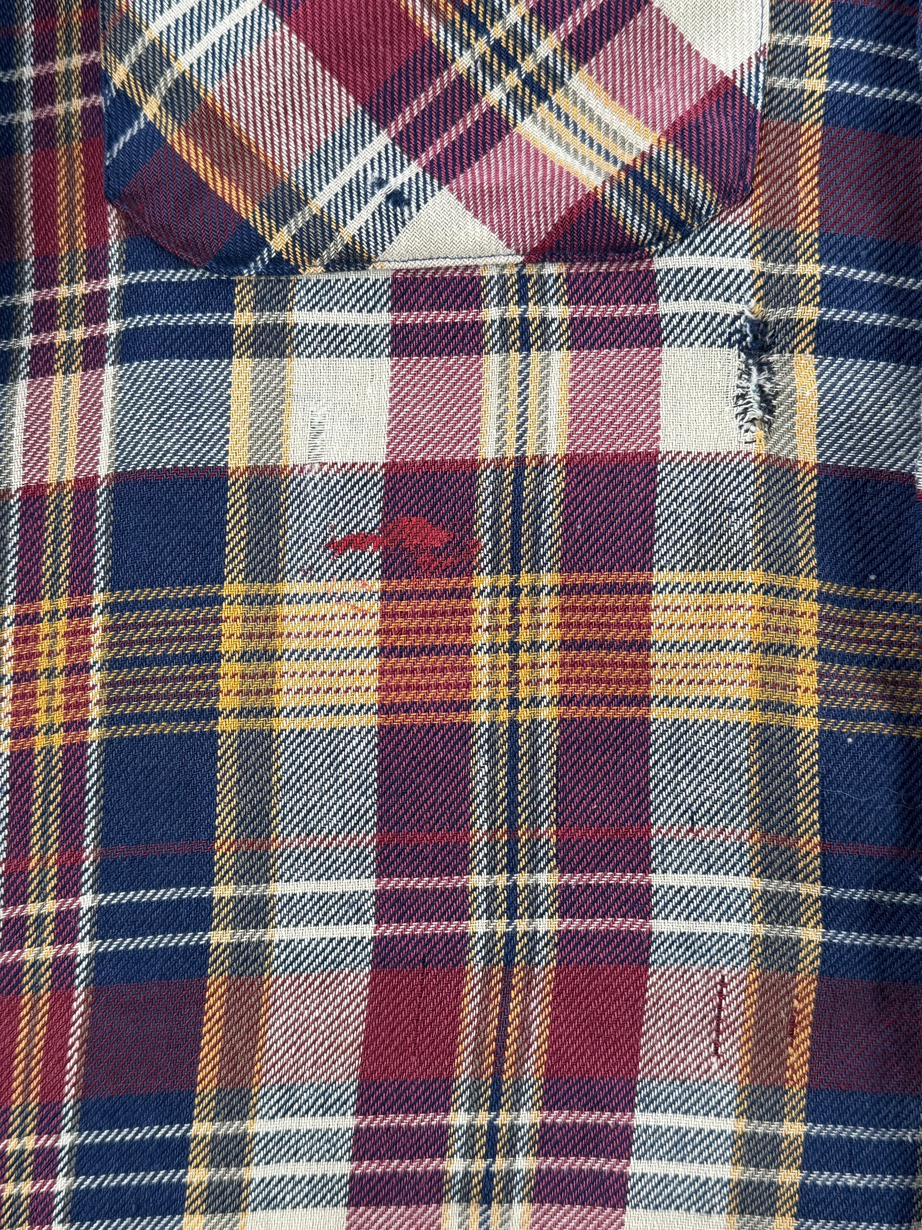 Red paint under pocket on front of Vintage Thrashed 80's JC Penney Flannel SZ M