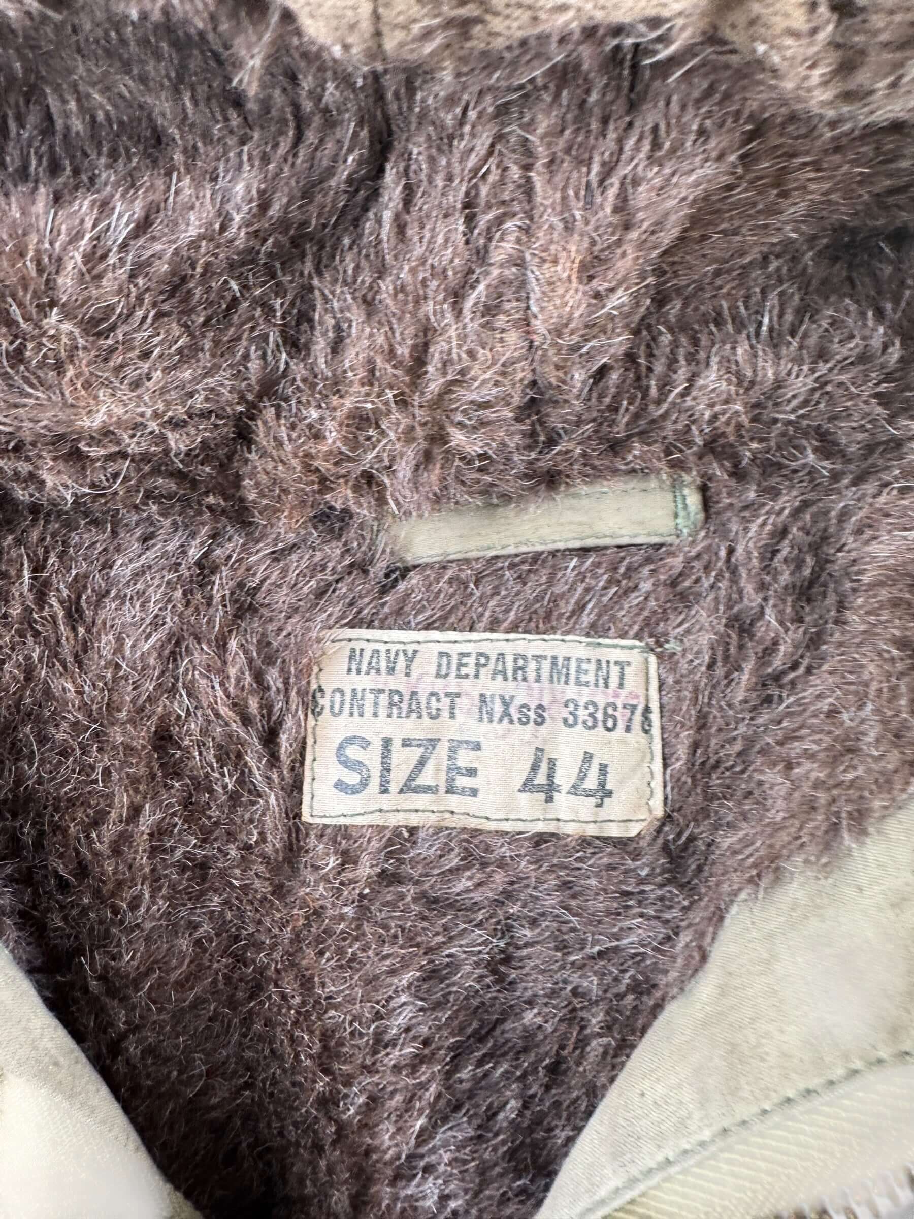 Tag on Vintage WWII Torpedoman's Deck Jacket SZ 44 AS IS
