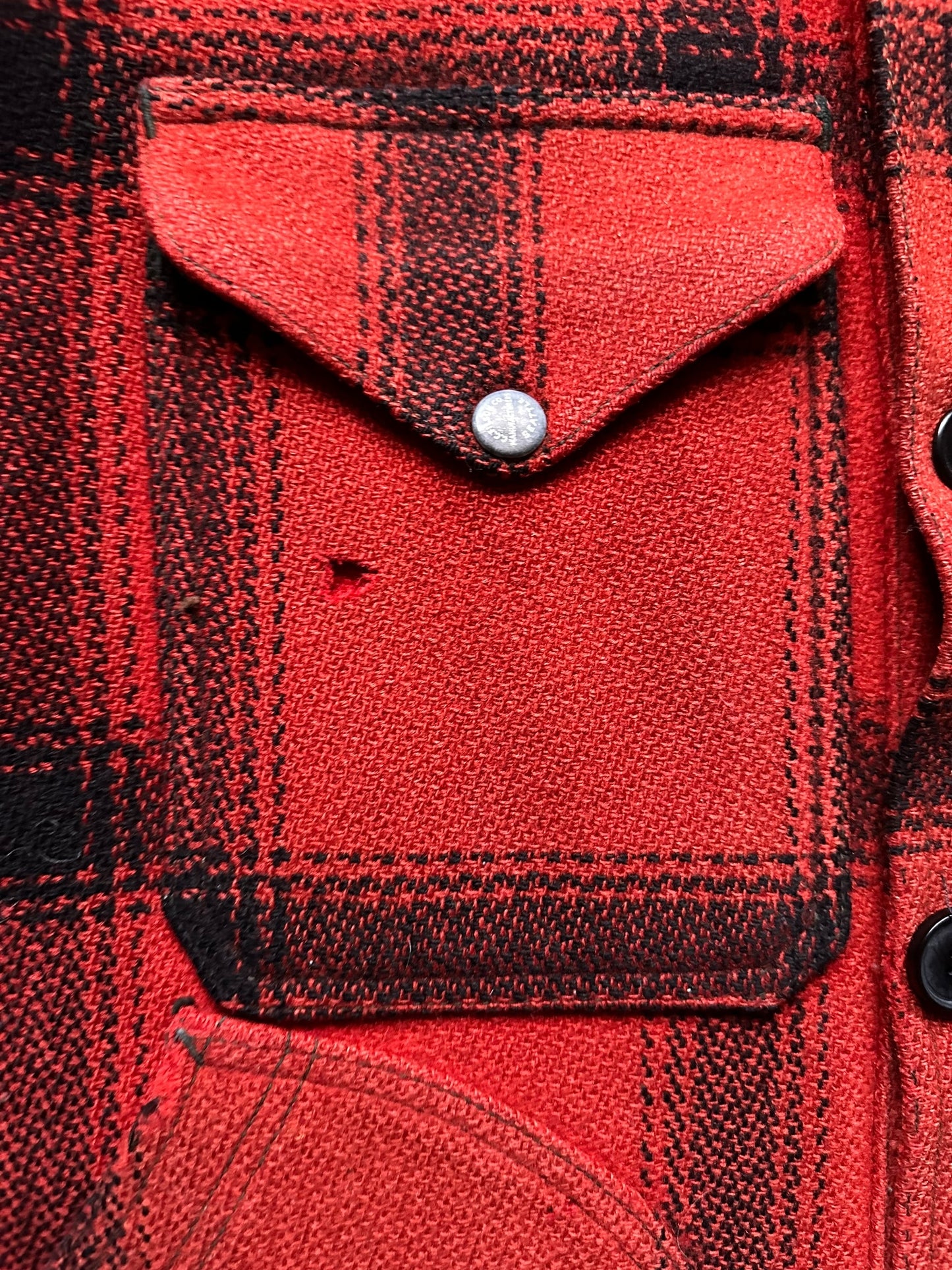 Upper Front Right Pocket View of Vintage 75% Red Filson Hunter Wool Jacket SZ 44 | Vintage Filson Workwear Seattle | Vintage Workwear Seattle