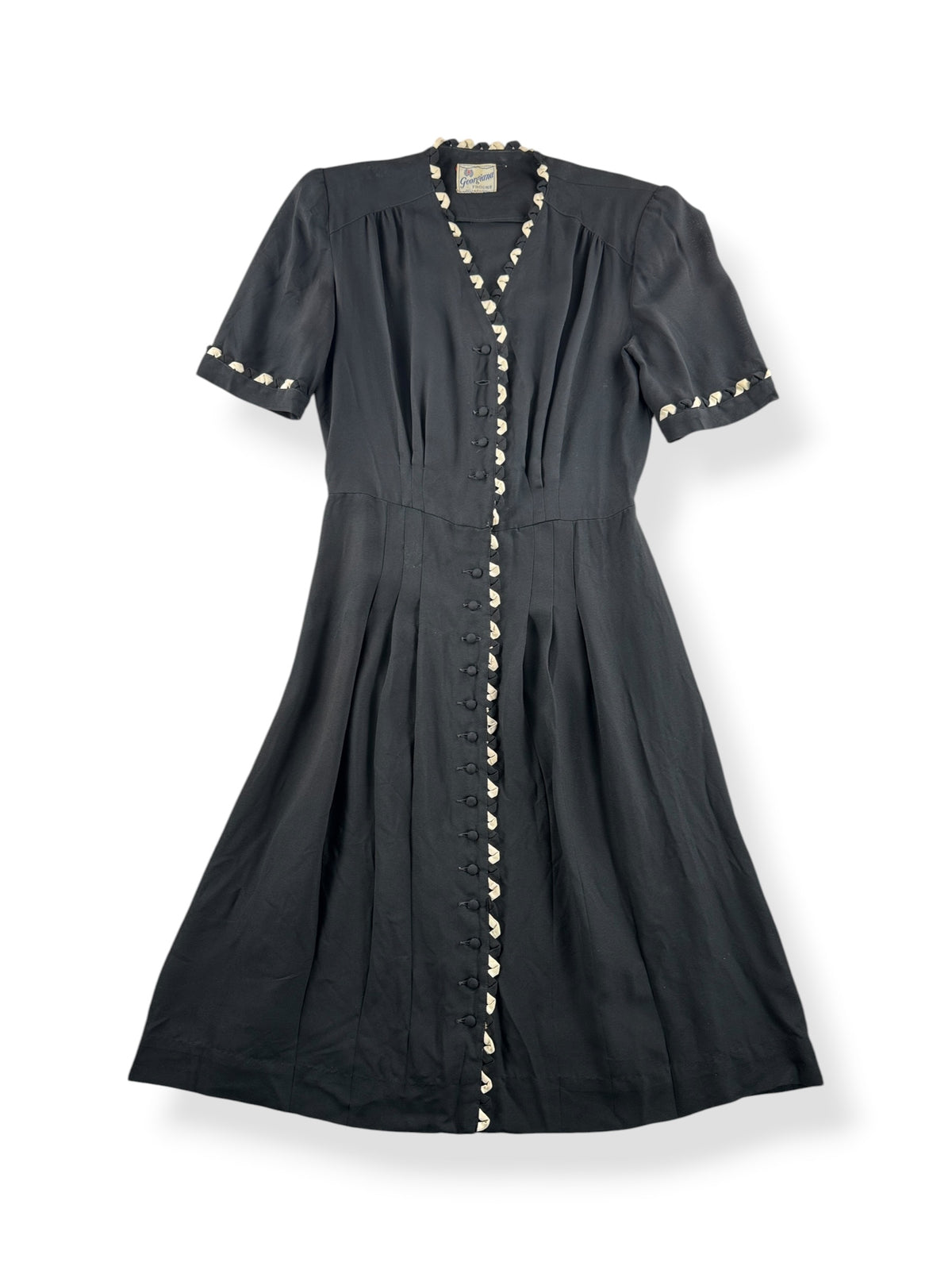 Front of Vintage 40s Black + White Rayon Dress SZ S/M