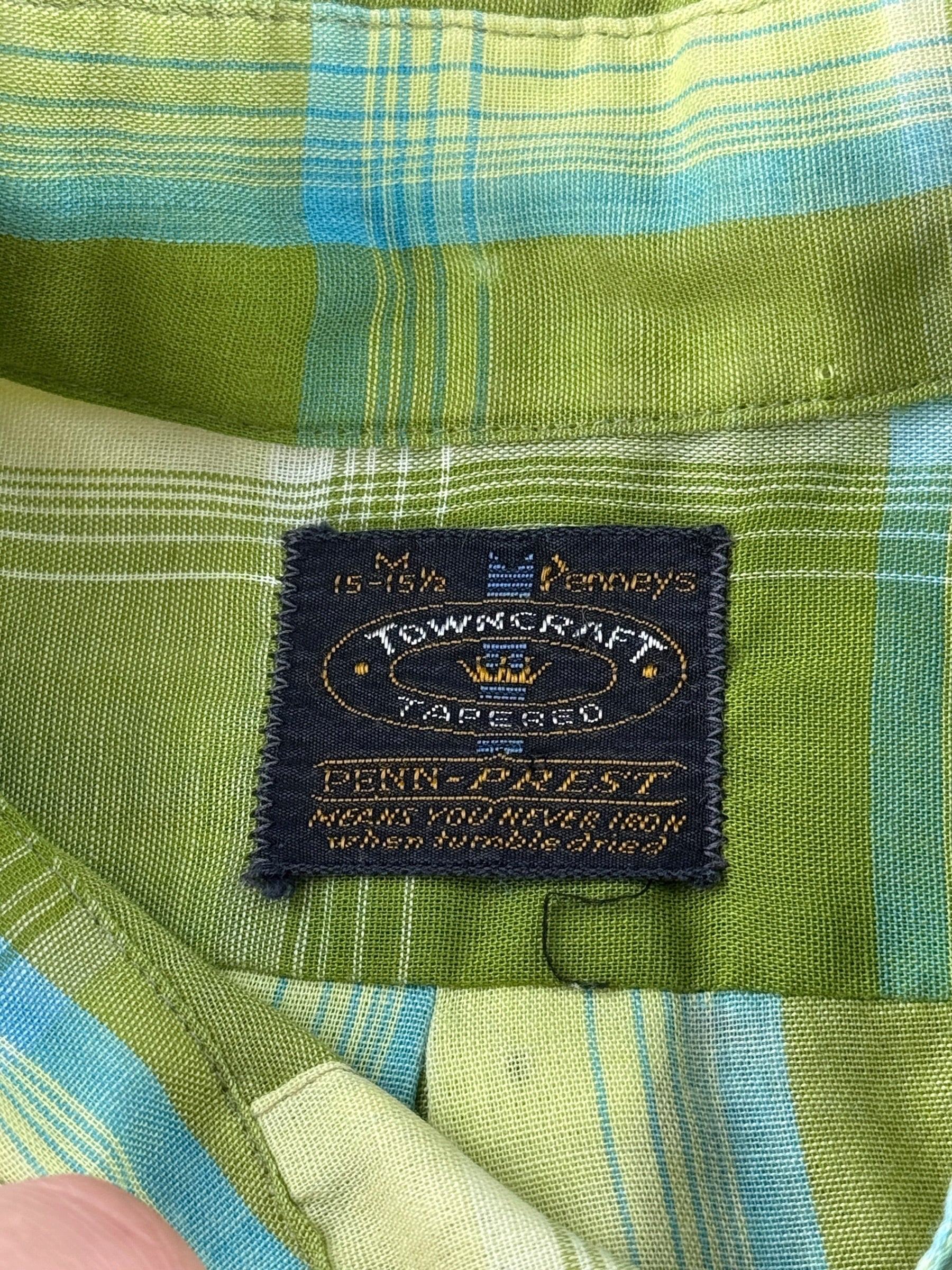 Tag on Vintage 60s Towncraft Green Plaid SS Button Up Shirt SZ M