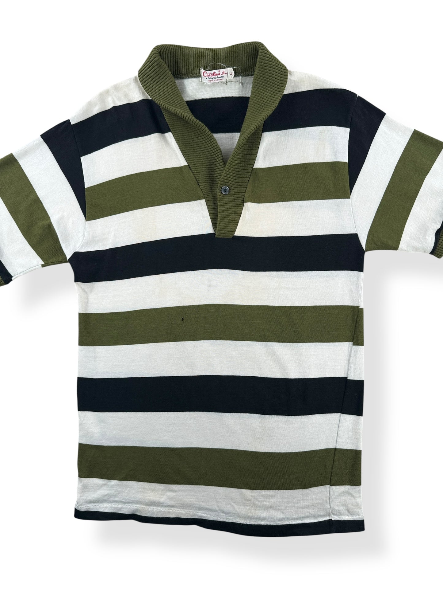 Front Close Up of Vintage Catalina Striped Shawl Short Sleeve Shirt SZ S