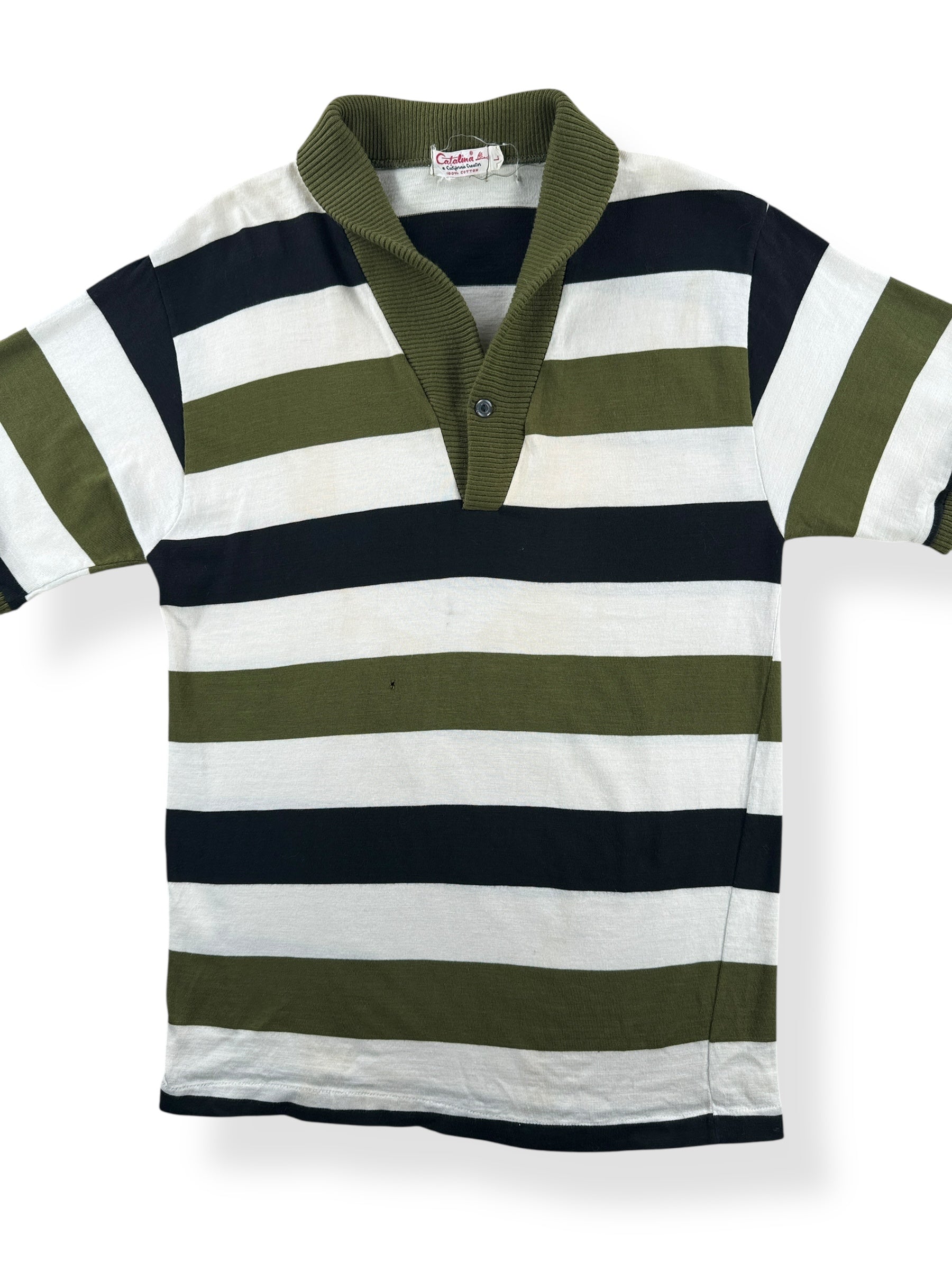 Front Close Up of Vintage Catalina Striped Shawl Short Sleeve Shirt SZ S
