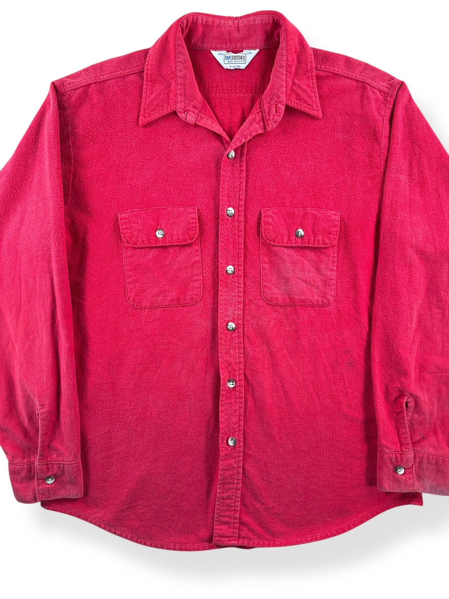 Front Close Up of Vintage 5 Brothers Red Chamois Shirt SZ L