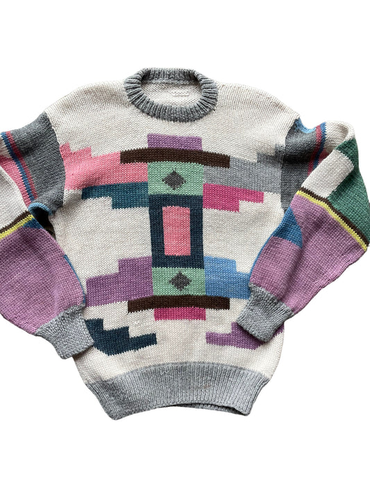 Full front view of Vintage 1980s Geometric Wool Sweater SZ L | Barn Owl Sweaters | Seattle Vintage