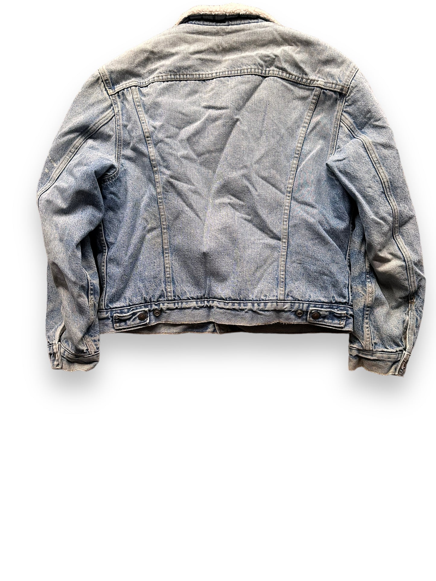 Rear View of Vintage Light Wash Levis Sherpa Type III Denim Jacket SZ 44 | Vintage Denim Workwear Seattle | Barn Owl Seattle