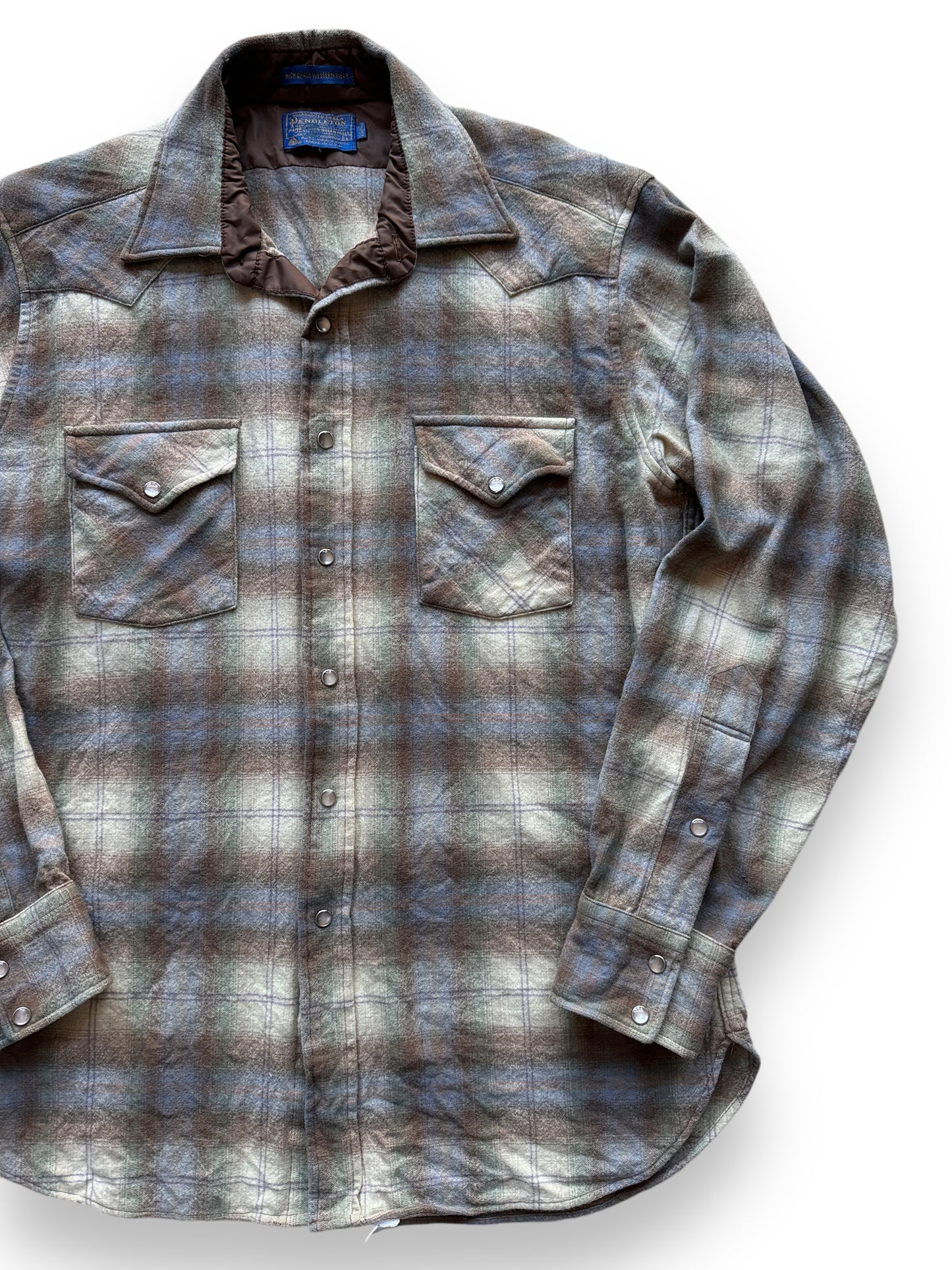 front left of Vintage Pendleton Blue/Beige/Brown Western Flannel SZ L Long