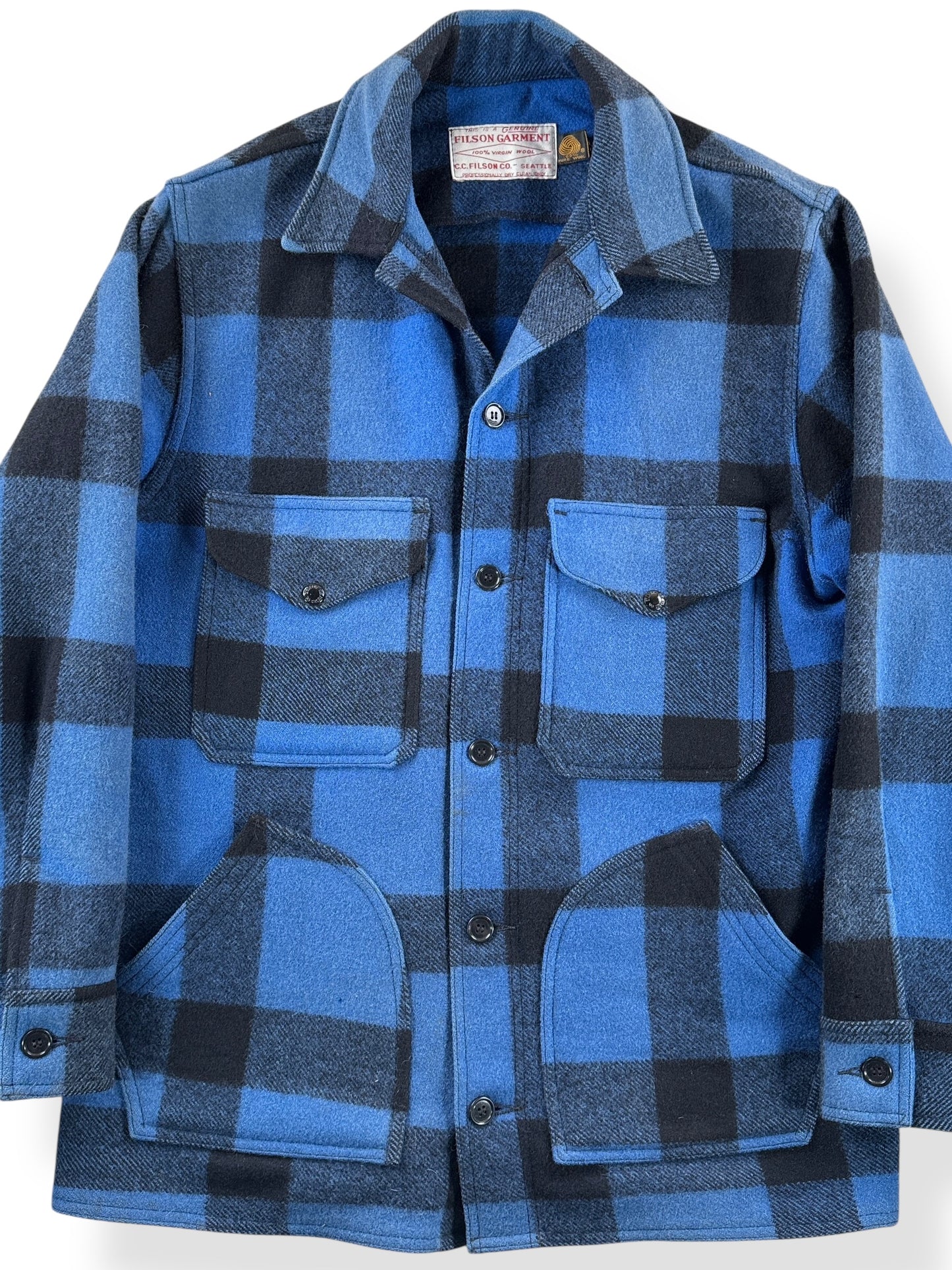 Front Close Up of Vintage 80s Era Filson Cobalt Blue & Black Hunter Style 85 Jacket SZ 40