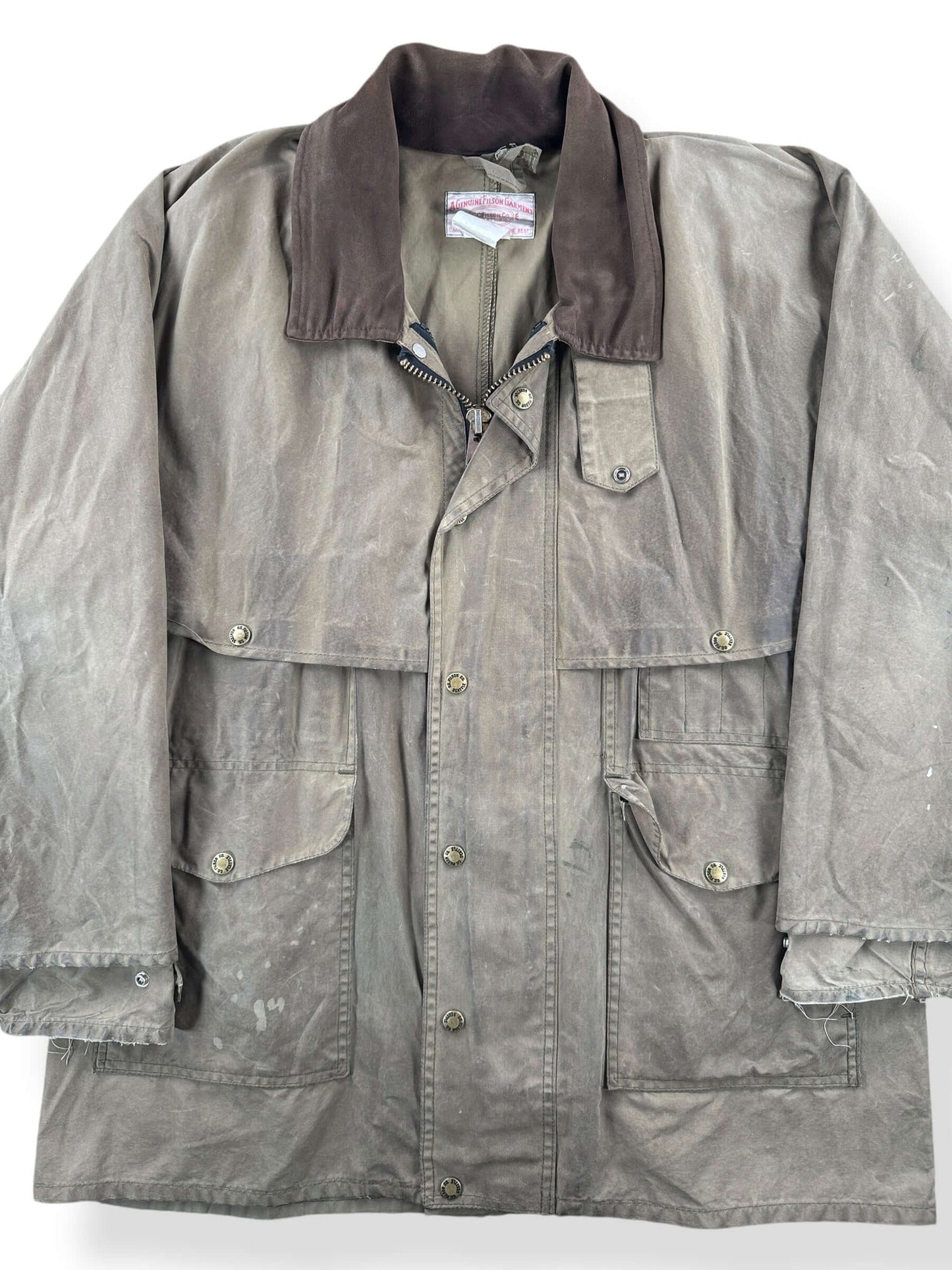 Front Close Up of Vintage Filson Shelter Cloth Waxed Cotton Packer Jacket SZ M AS IS