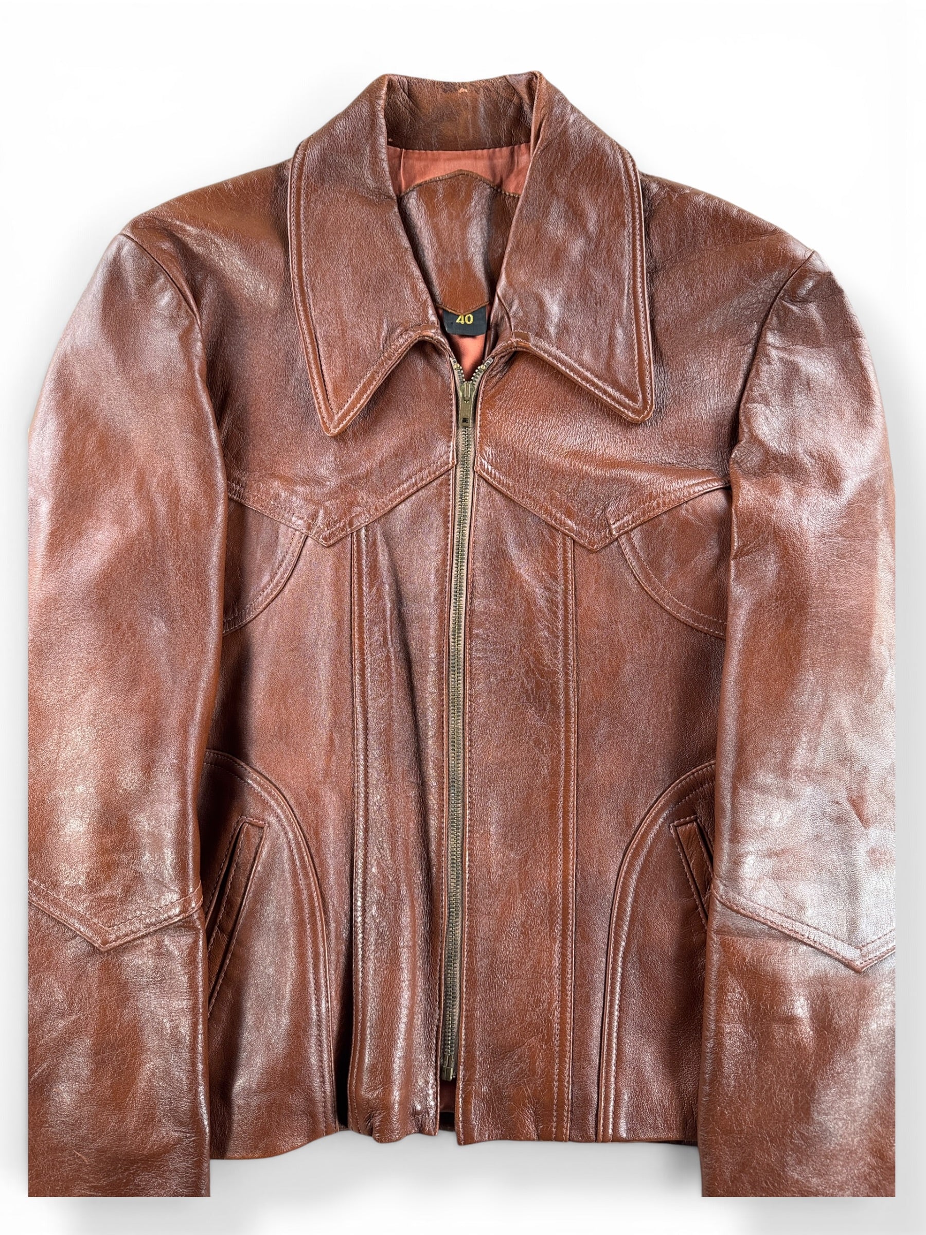 Close-up of Vintage 70s Brown Leather Jacket SZ 40