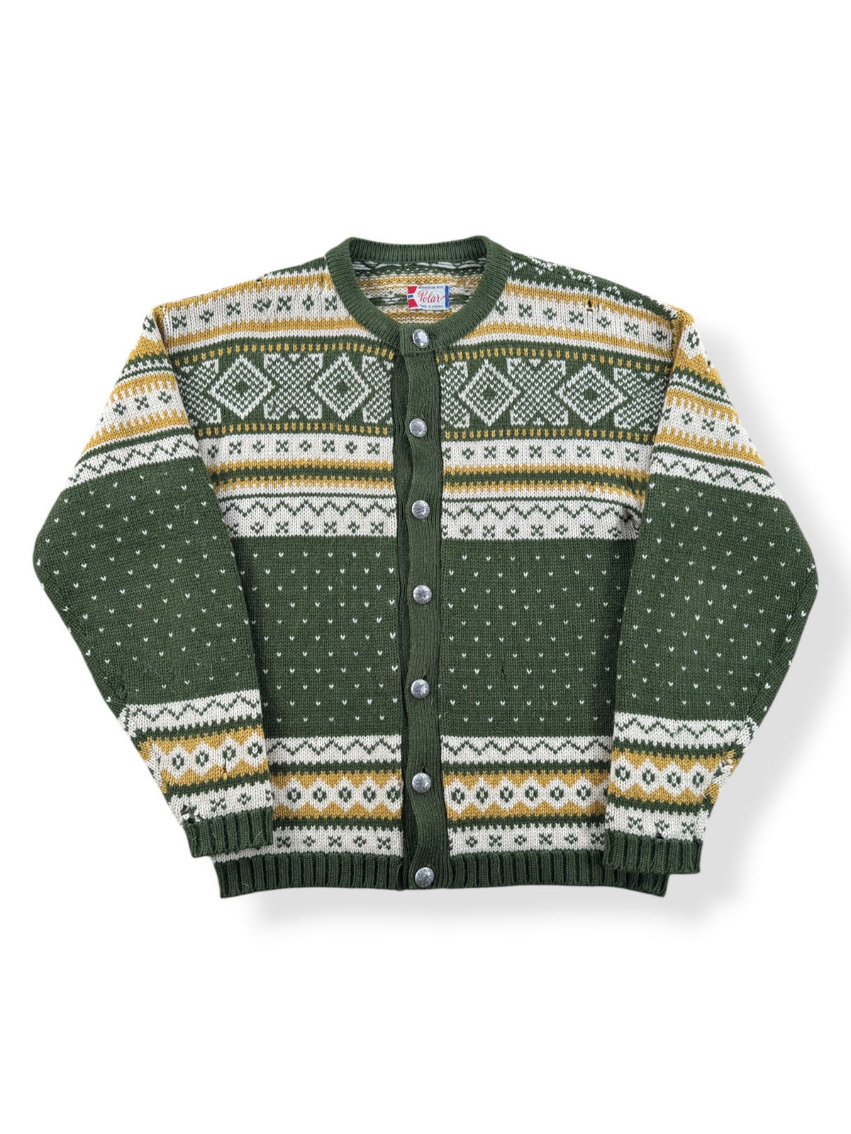 Front of Vintage Green & Mustard Norwegian Wool Cardigan SZ M
