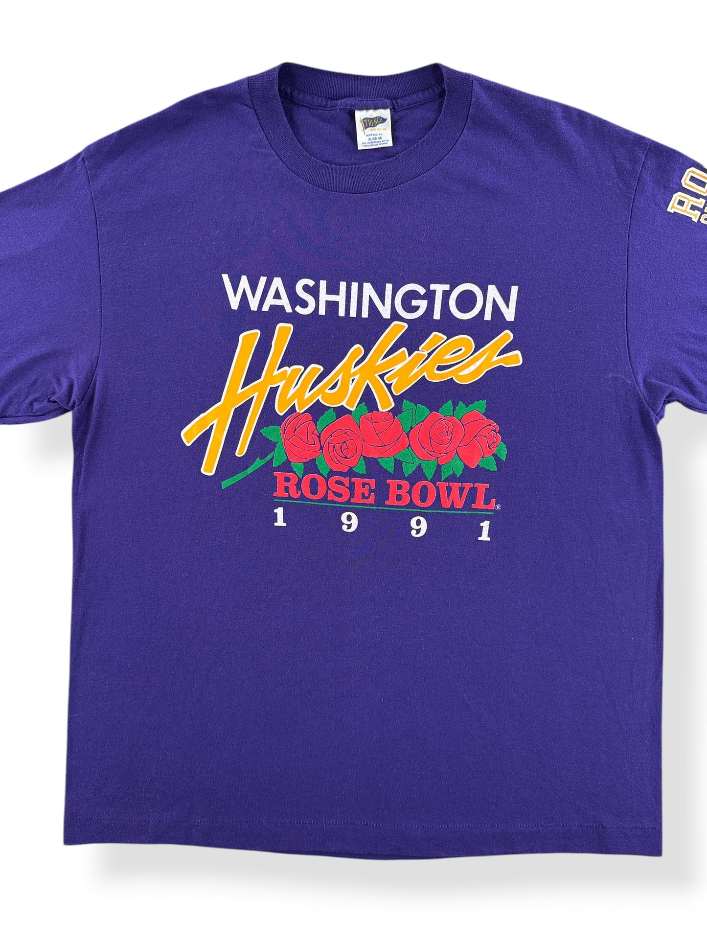 Front Close Up of Vintage 1991 Rose Bowl Washington Huskies Tee SZ XL (Fits L)
