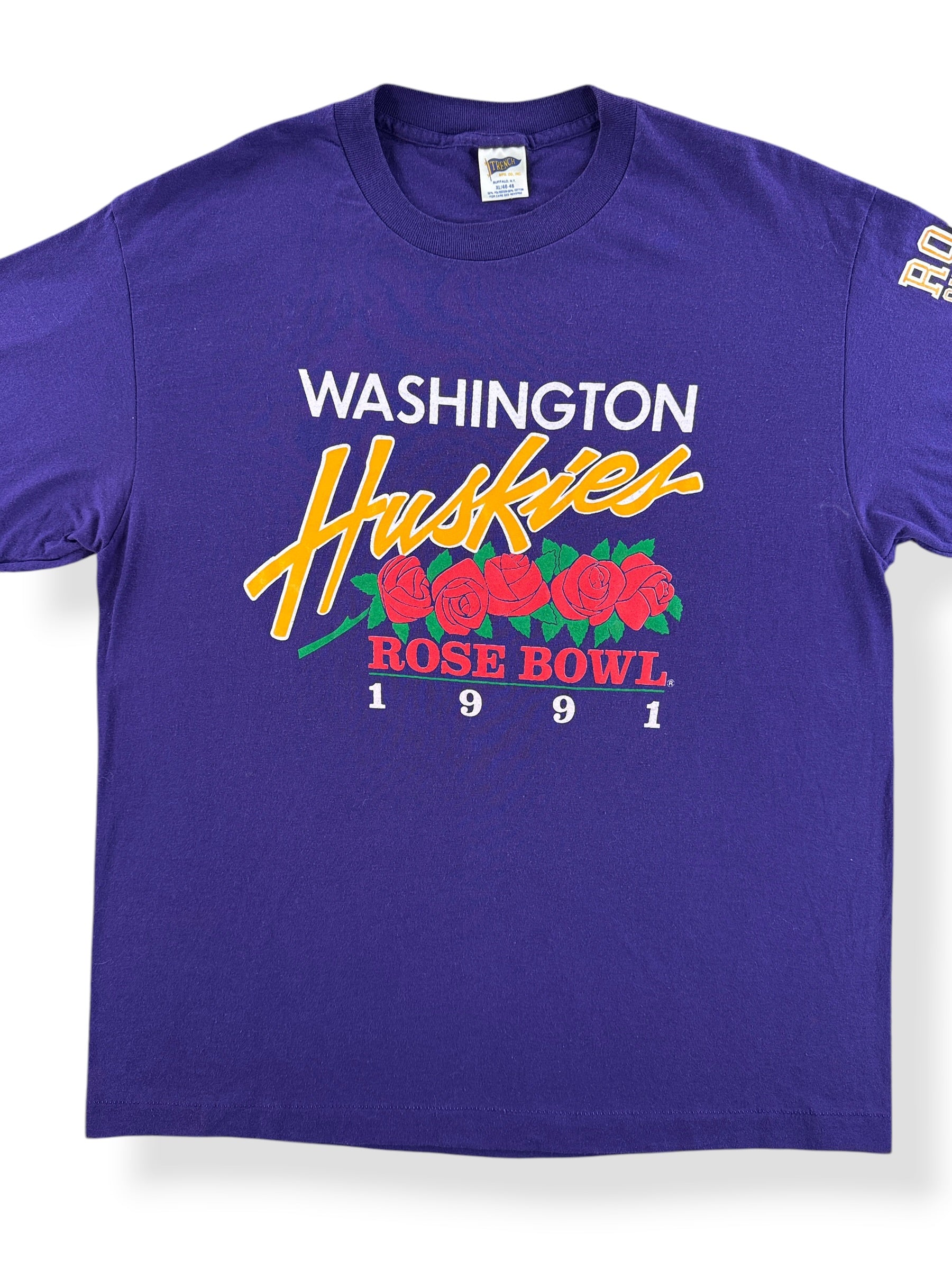 Front Close Up of Vintage 1991 Rose Bowl Washington Huskies Tee SZ XL (Fits L)