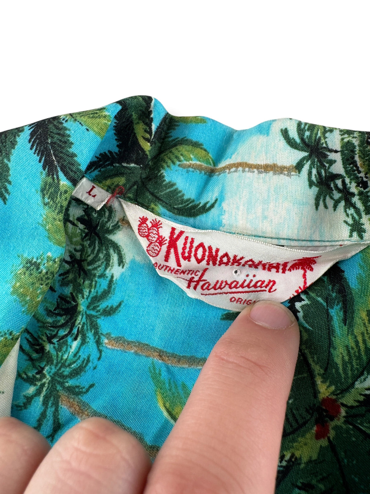 Tags on Vintage Kuonakakai Aloha Shirt SZ L