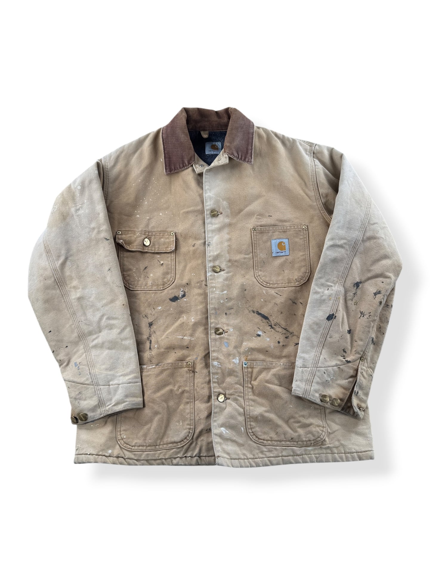 Front of Vintage Carhartt Paint Splattered Chore Coat SZ XL