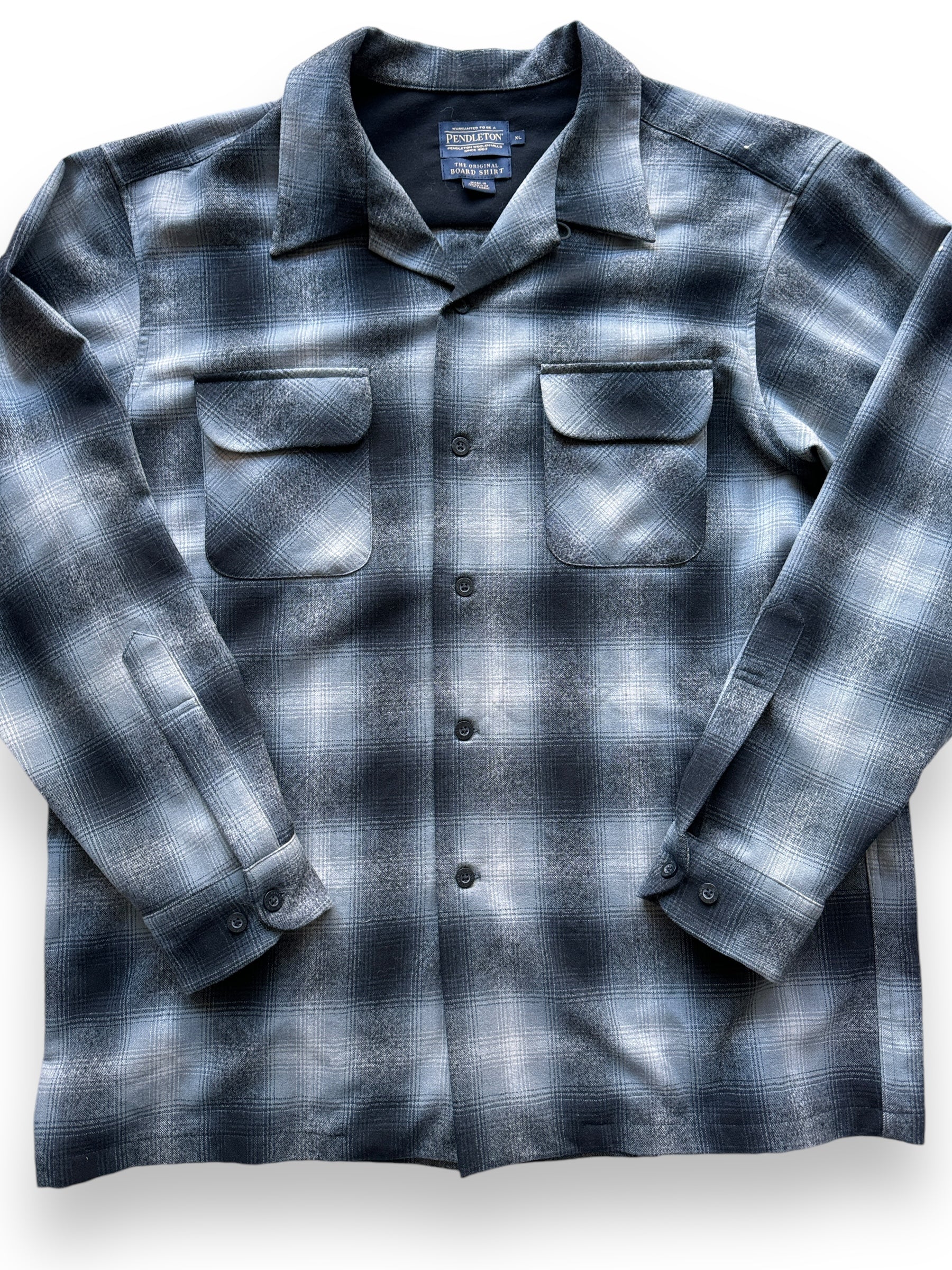 front close up of Modern Pendleton Grey/Black Shadowplaid Board Shirt SZ XL