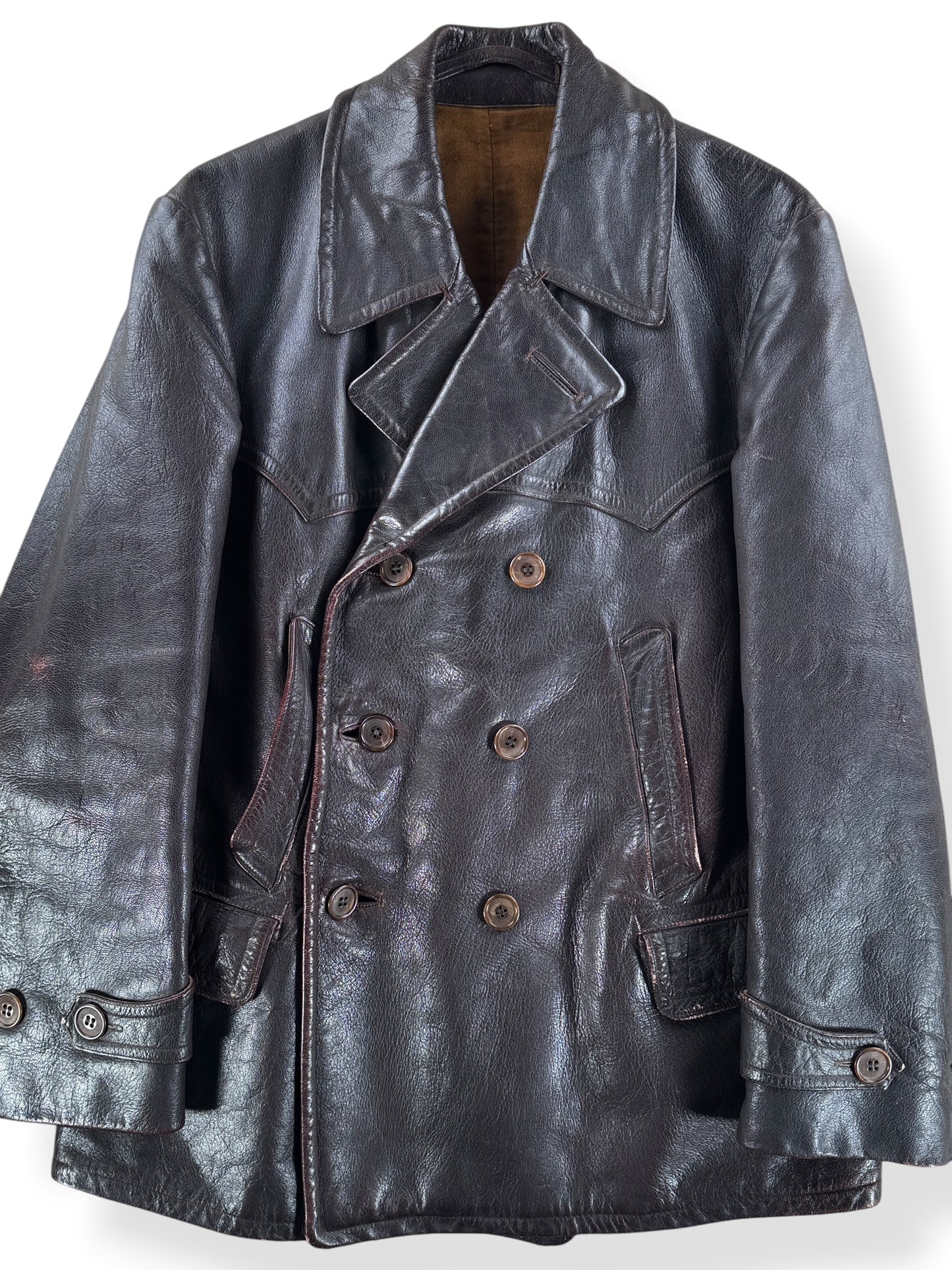 Front Close Up of Vintage 60s German Leather Trench Coat SZ M