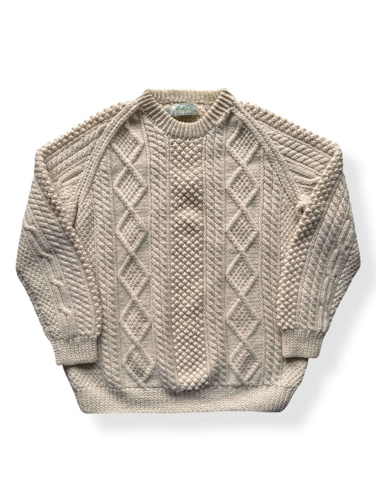 Front of Vintage Sliab Liag Cream Irish Cable Knit Fishermans Sweater SZ XL