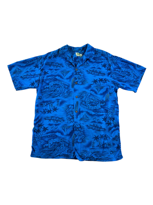 Front of Vintage Blue Hawaiian Cotton Aloha Shirt SZ L