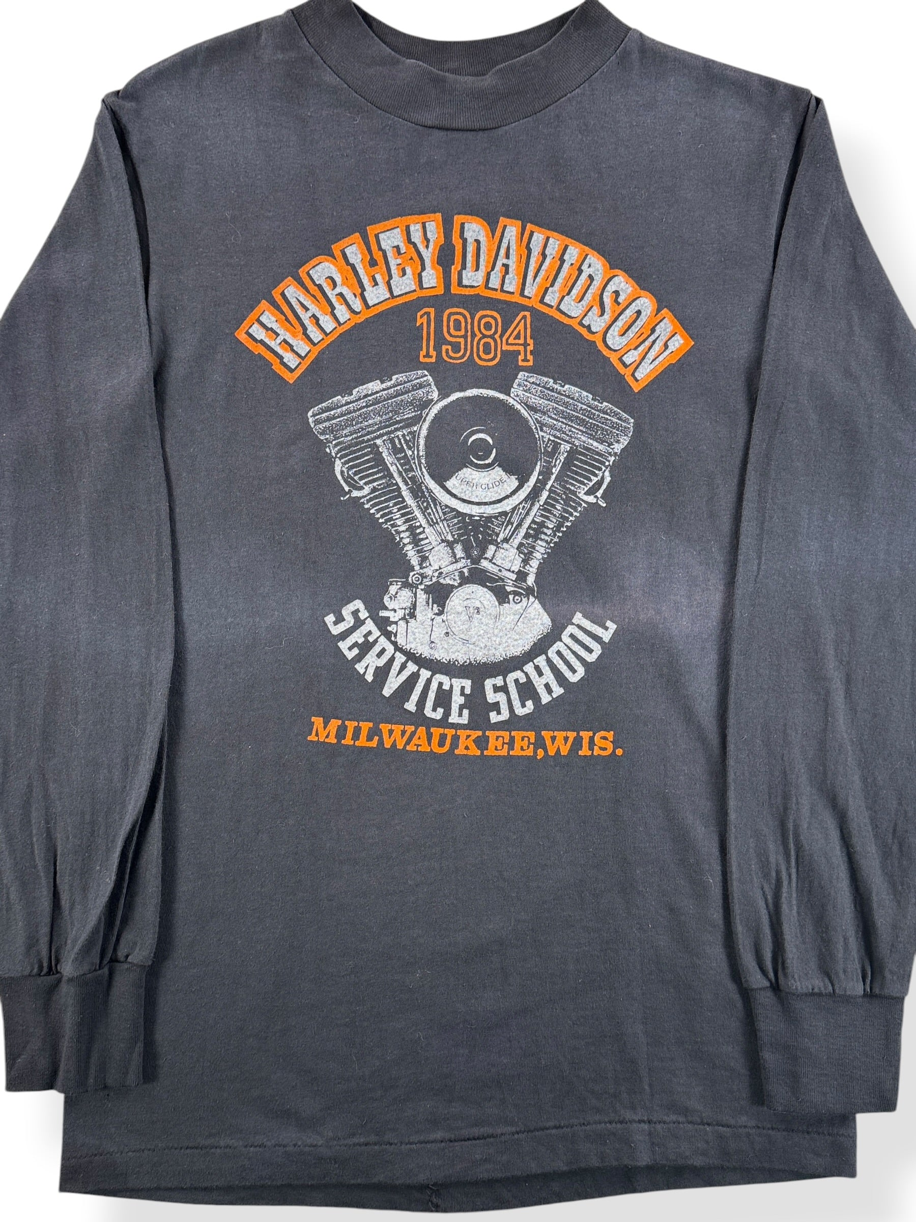 Front Close Up of Vintage Harley Davidson Service School Milwaukee Longsleeve Tee SZ S (Fits XS)