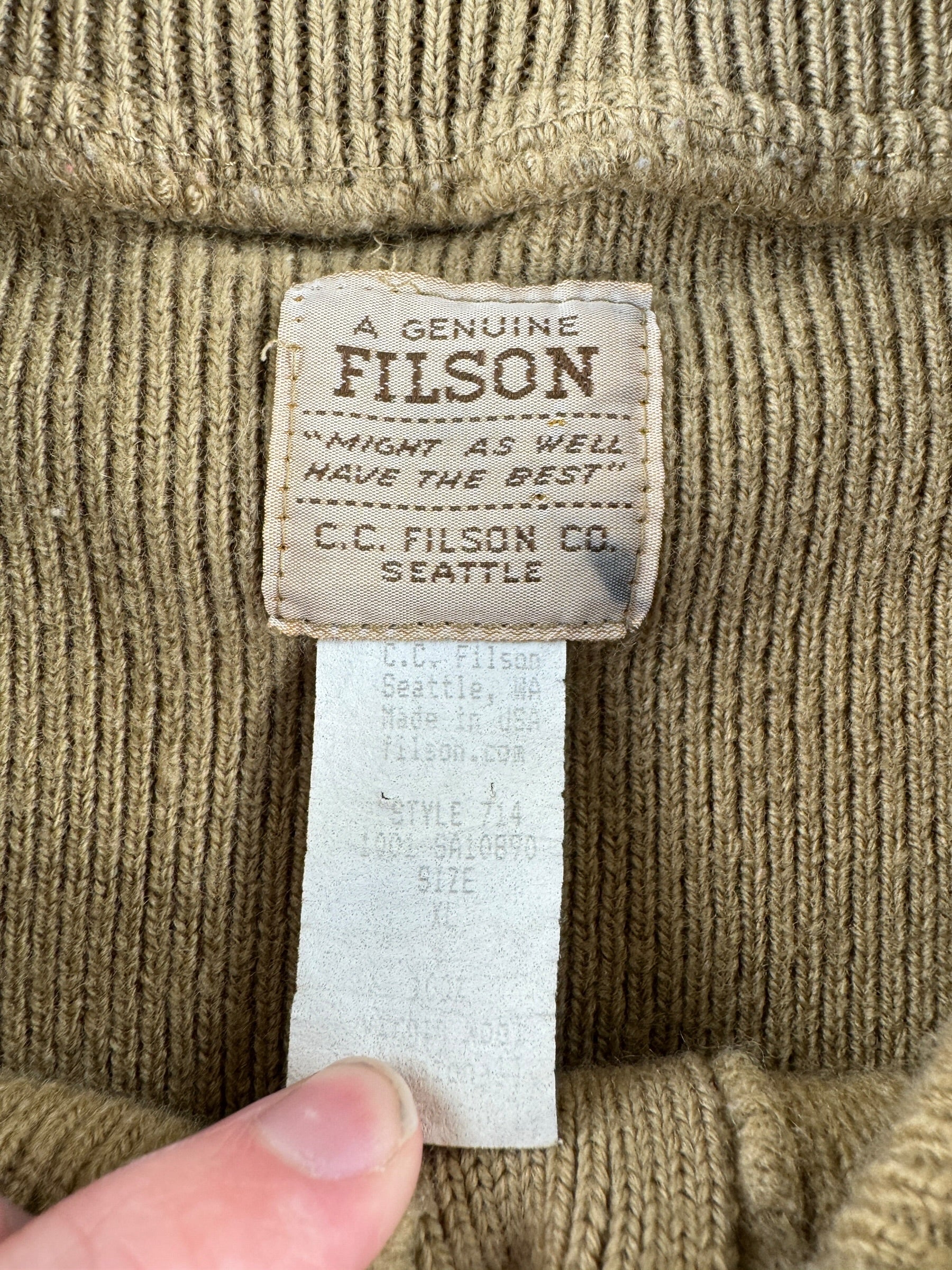 Label on Vintage Filson Tan Guide Sweater SZ XL