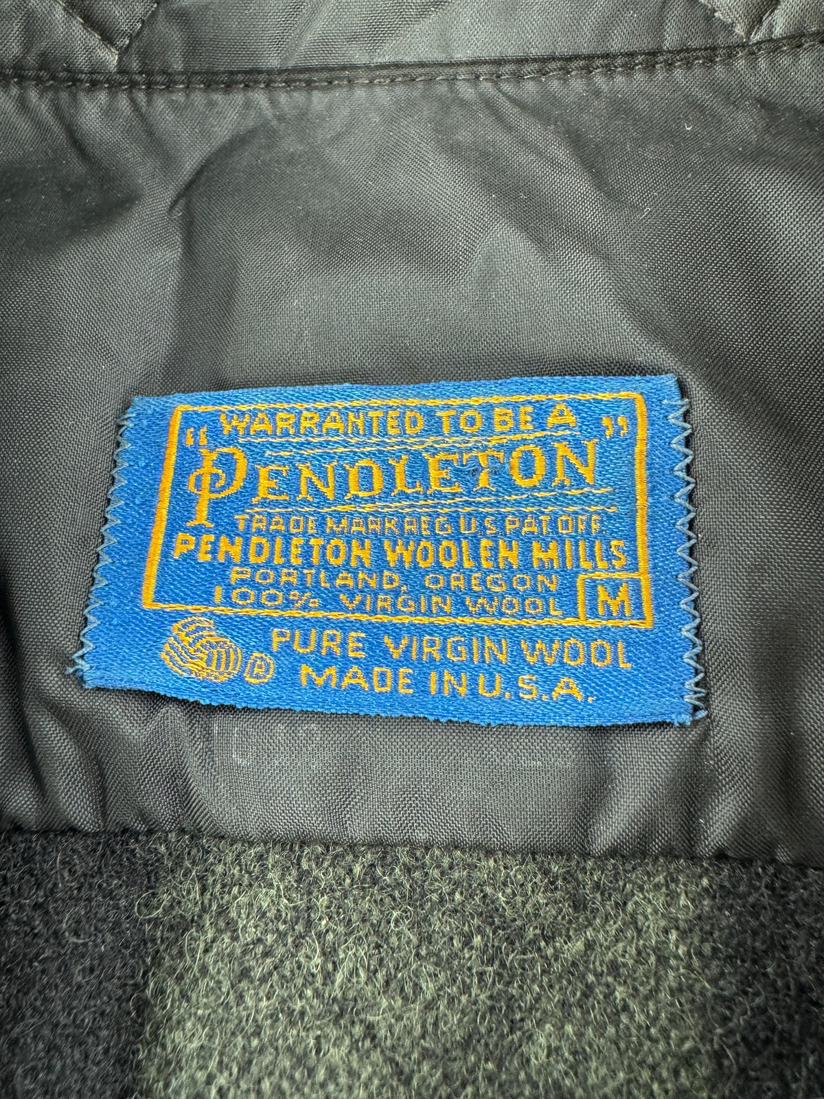 Label on Vintage Pendleton Green and Black Plaid Flannel SZ M