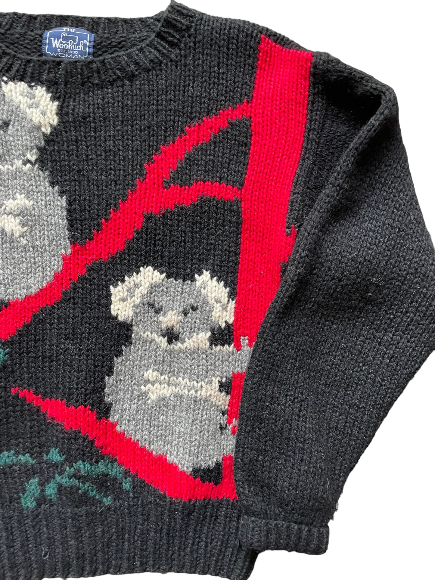 Front left side view of Vintage 1980s Woolrich Koala Sweater SZ M| Barn Owl Sweaters | Seattle Vintage