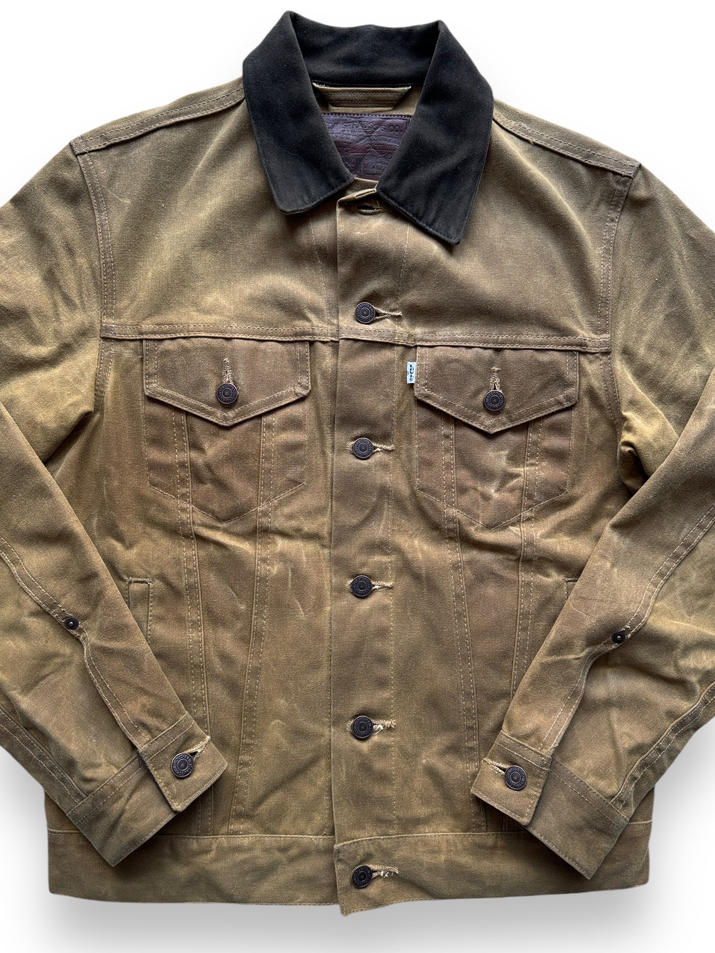 Front Detail on Filson X Levis Tin Cloth Type III Trucker Jacket SZ M