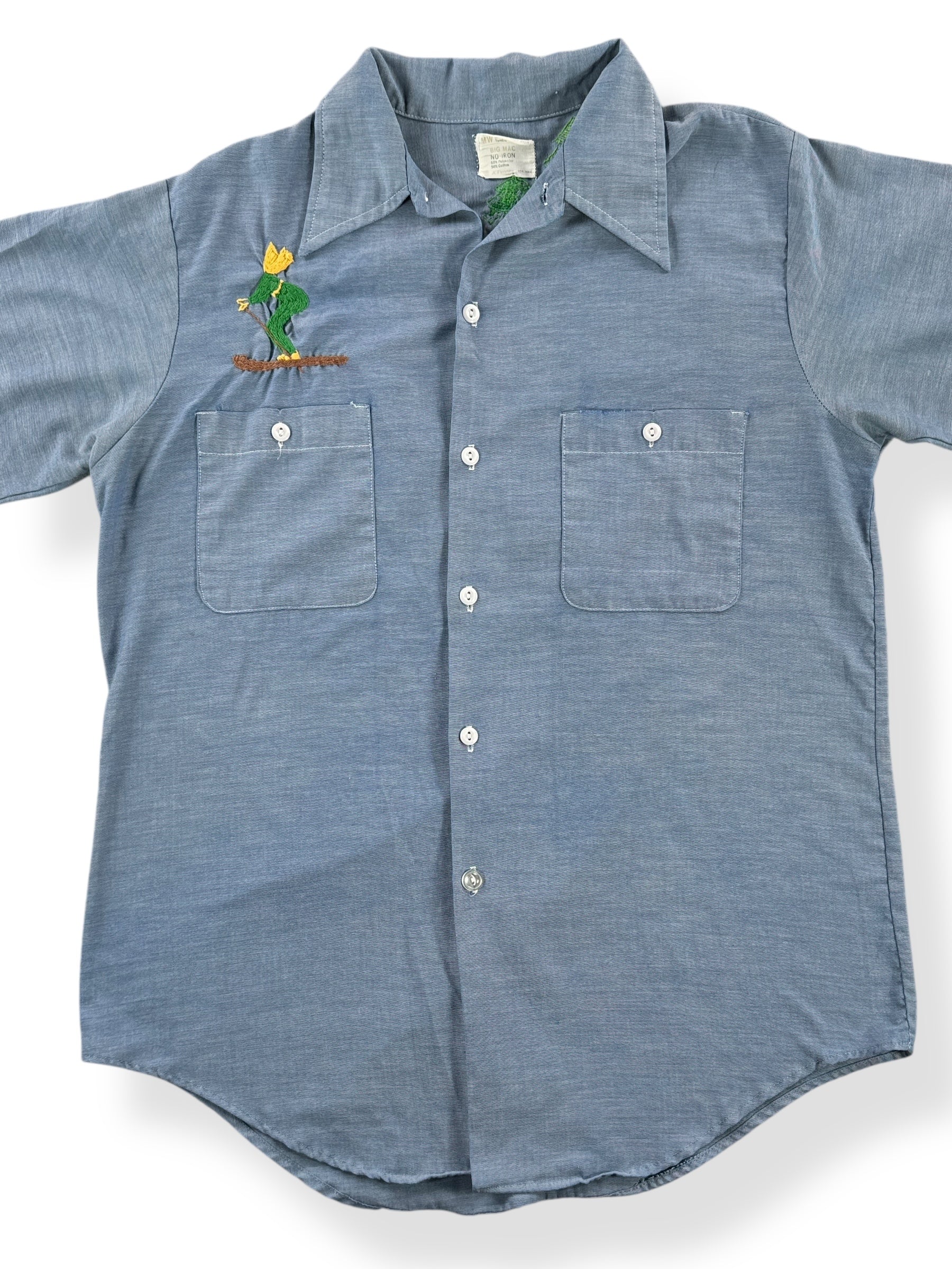 Front Close Up of Vintage Embroidered Short Sleeve Chambray Shirt SZ M