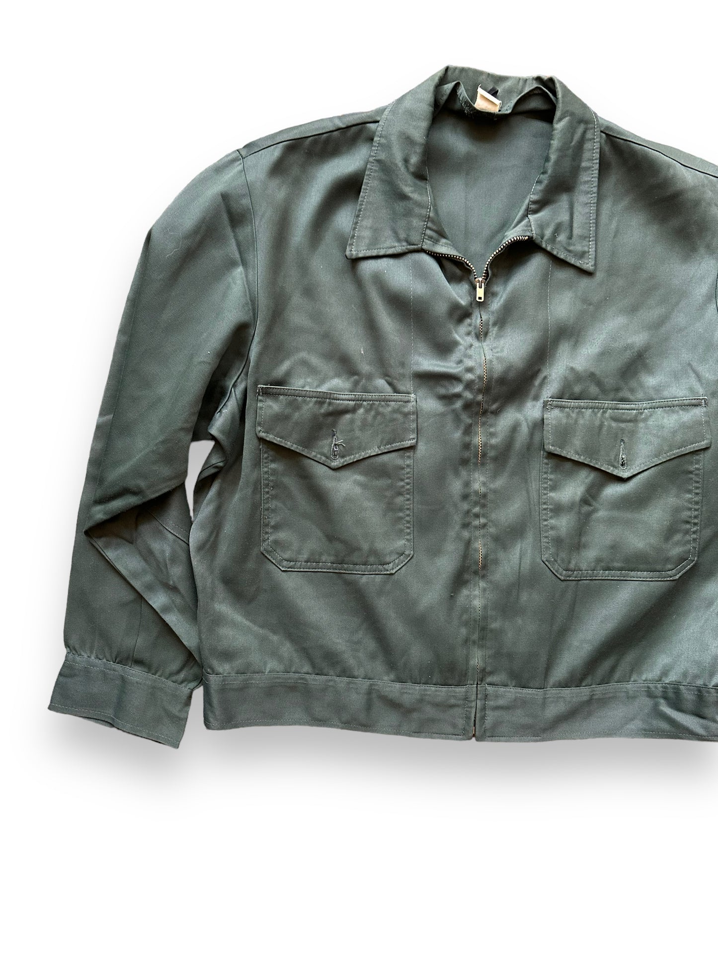Front Right View of Vintage Mr 2-Ply Slate Green Gas Station Jacket SZ 48 | Vintage Workwear Jacket Seattle | Seattle Vintage Clothing