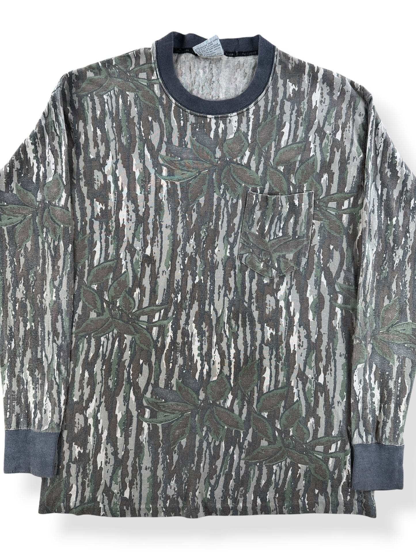 Front Close Up of Vintage Longsleeve Camo Pocket Tee SZ L