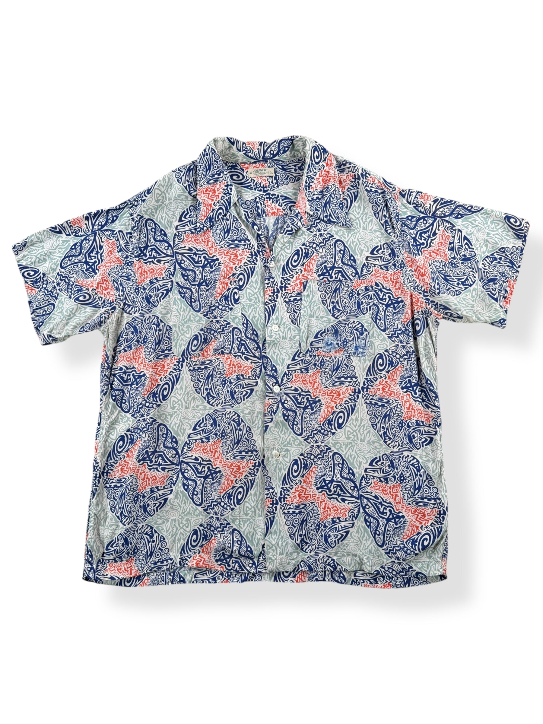 Front of Vintage Repaired Arrow Sanforset Rayon Aloha Shirt SZ L