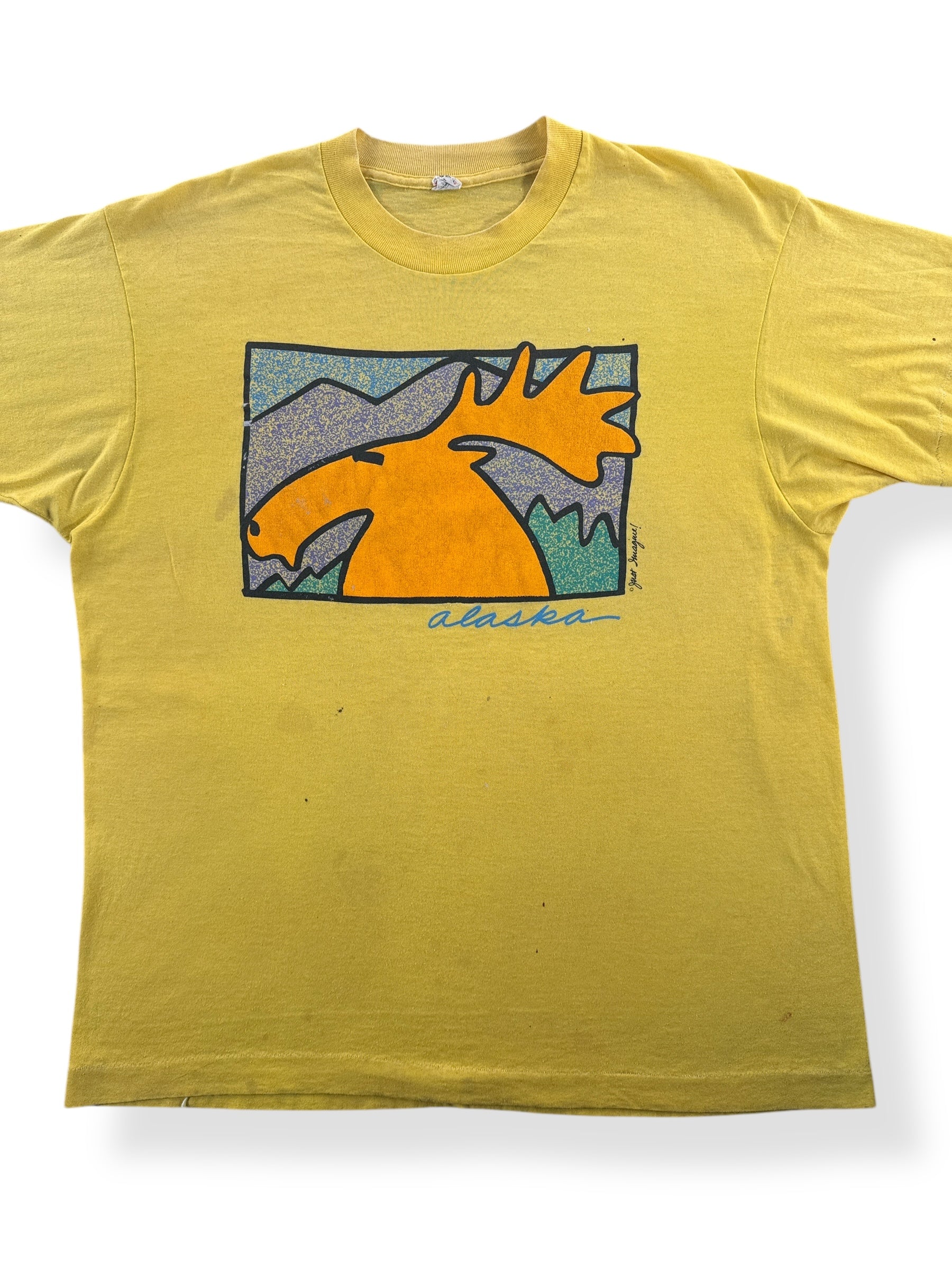 Front Close Up of Vintage Yellow Alaska Moose Tee SZ L