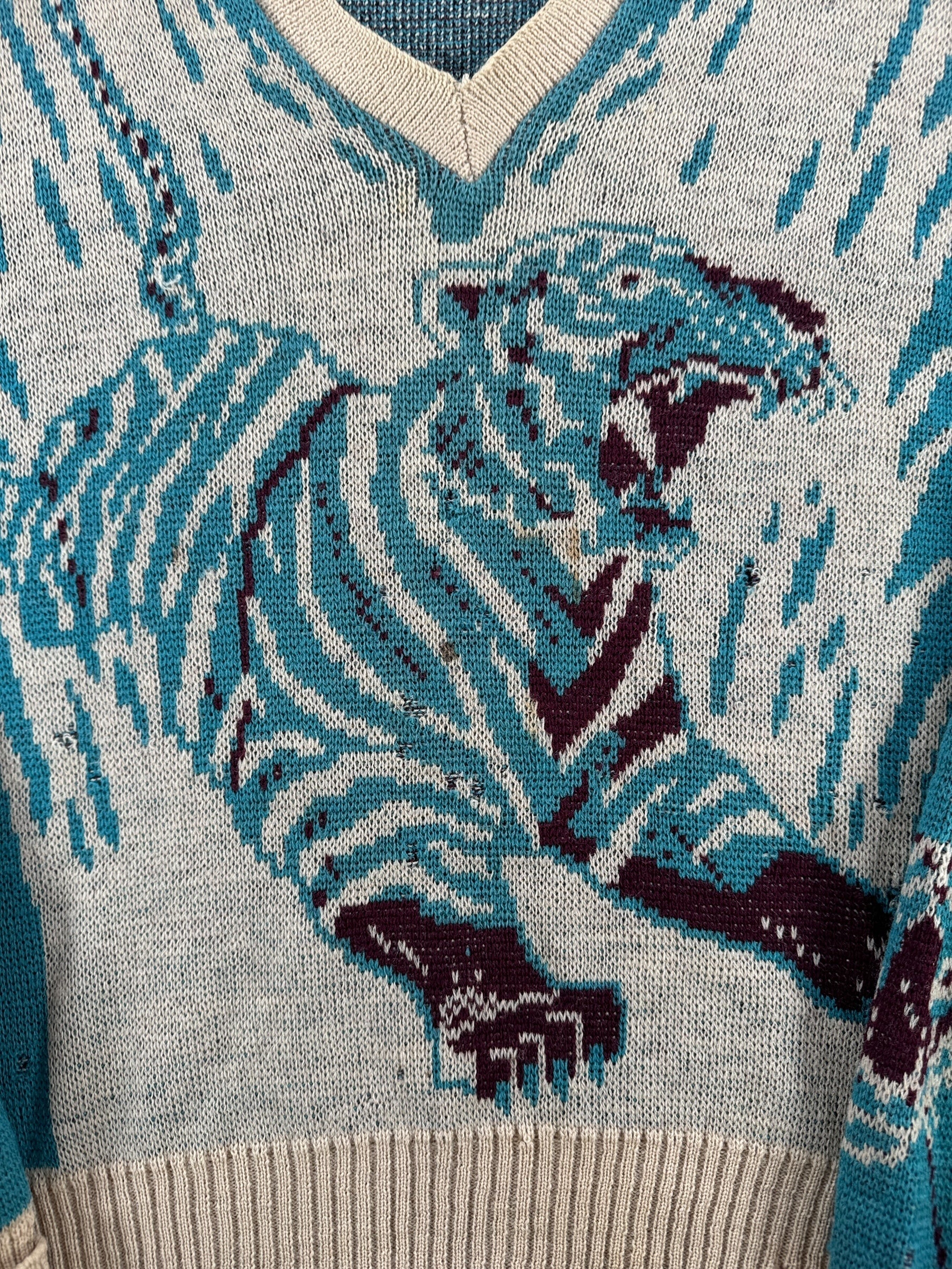 Front Design on Vintage Campus Wool Tiger Sweater SZ M